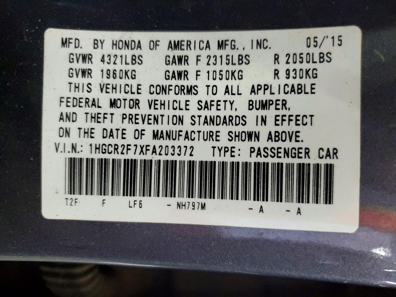 2015 Honda Accord Ex Gray vin: 1HGCR2F7XFA203372