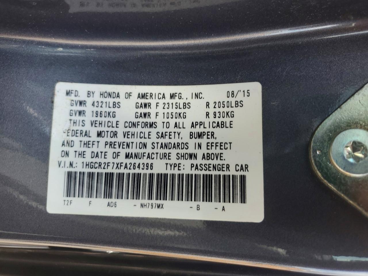 2015 Honda Accord Ex Gray vin: 1HGCR2F7XFA264396