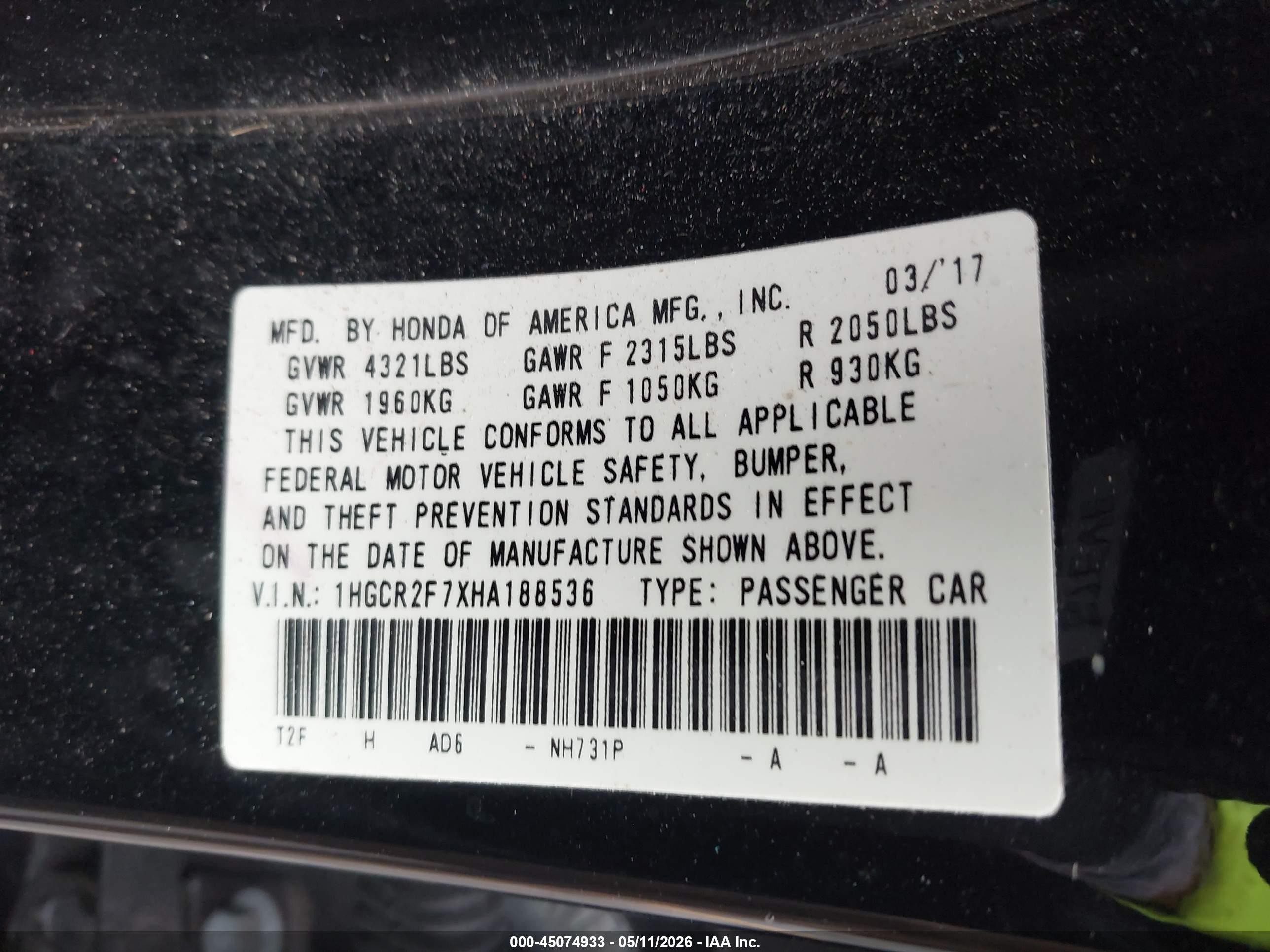 2017 Honda Accord Ex Черный vin: 1HGCR2F7XHA188536