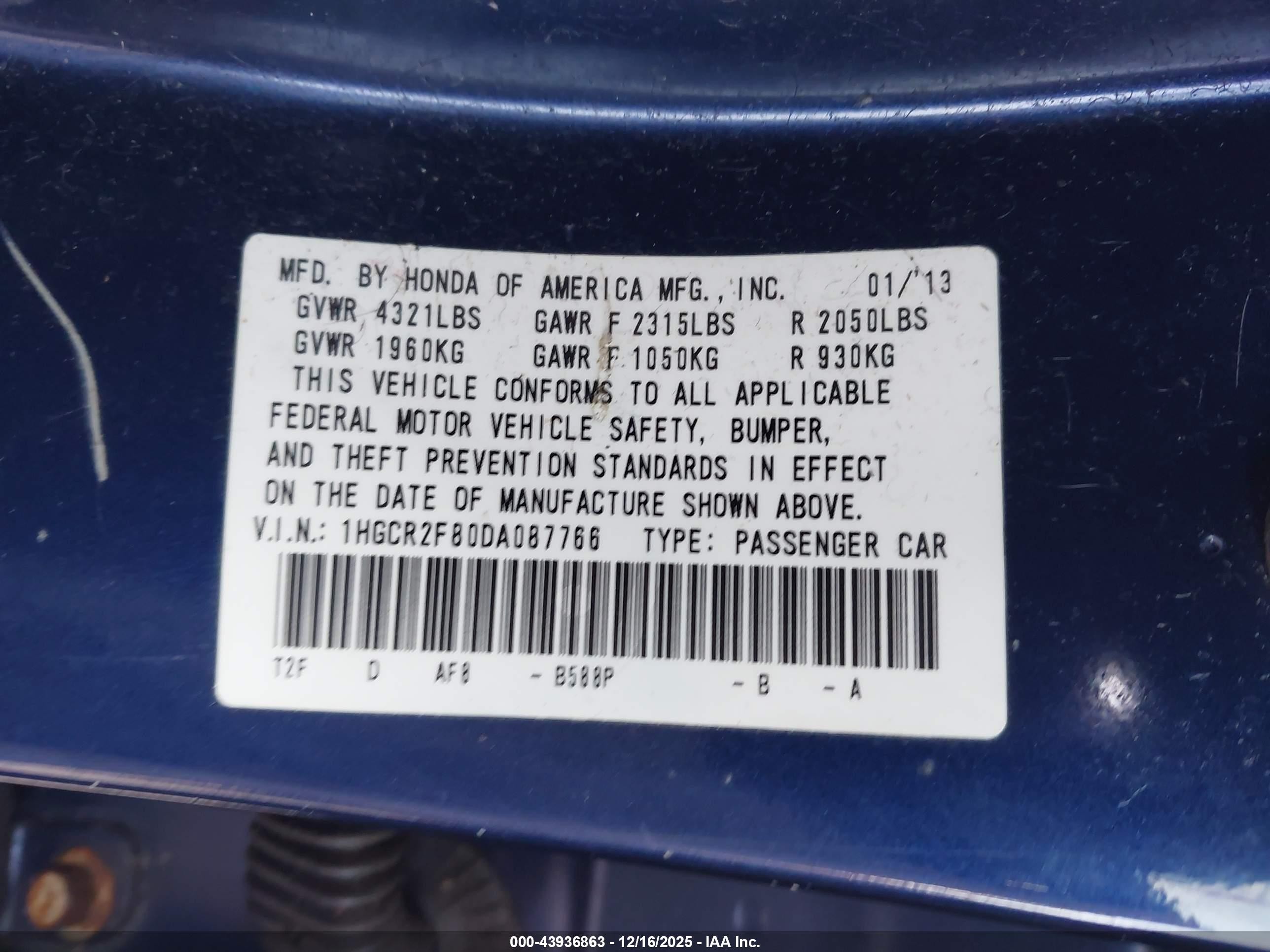 2013 Honda Accord Ex-l Blue vin: 1HGCR2F80DA087766