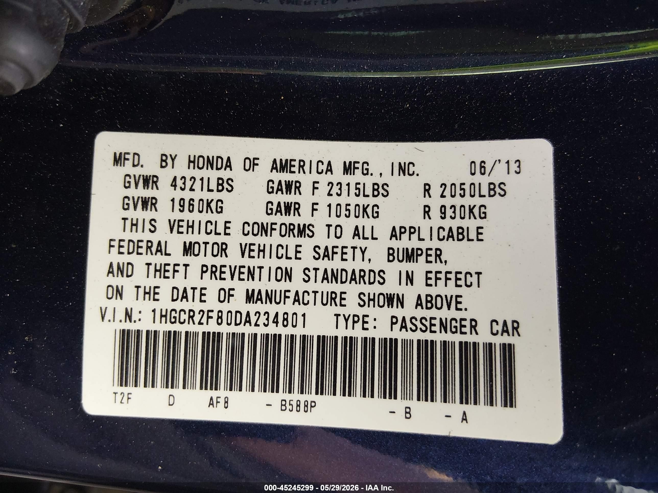 2013 Honda Accord Ex-l Blue vin: 1HGCR2F80DA234801
