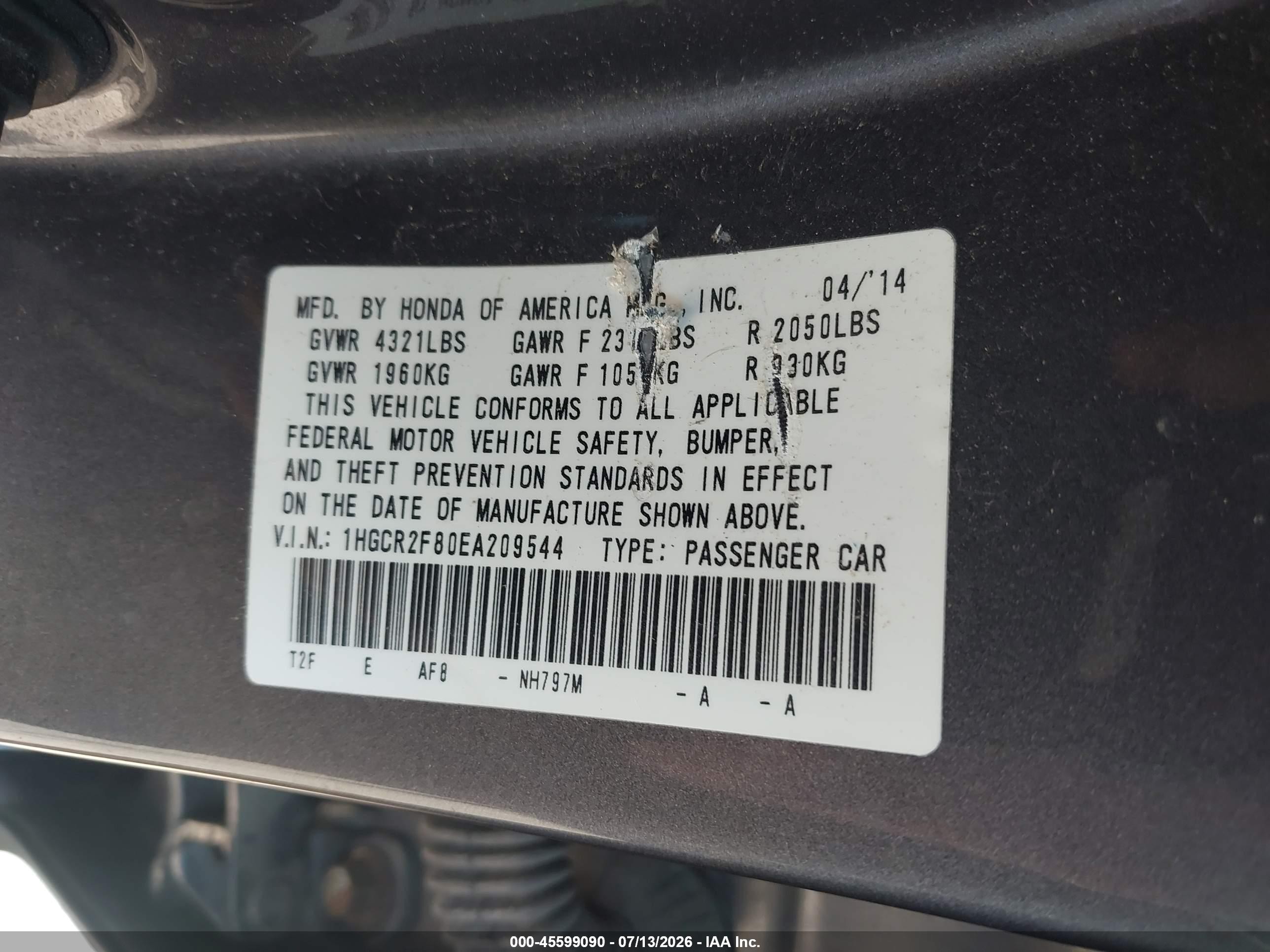 2014 Honda Accord Ex-l Серый vin: 1HGCR2F80EA209544