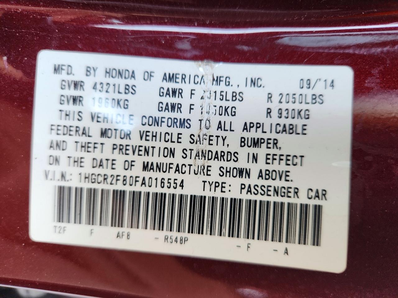2015 Honda Accord Exl Burgundy vin: 1HGCR2F80FA016554