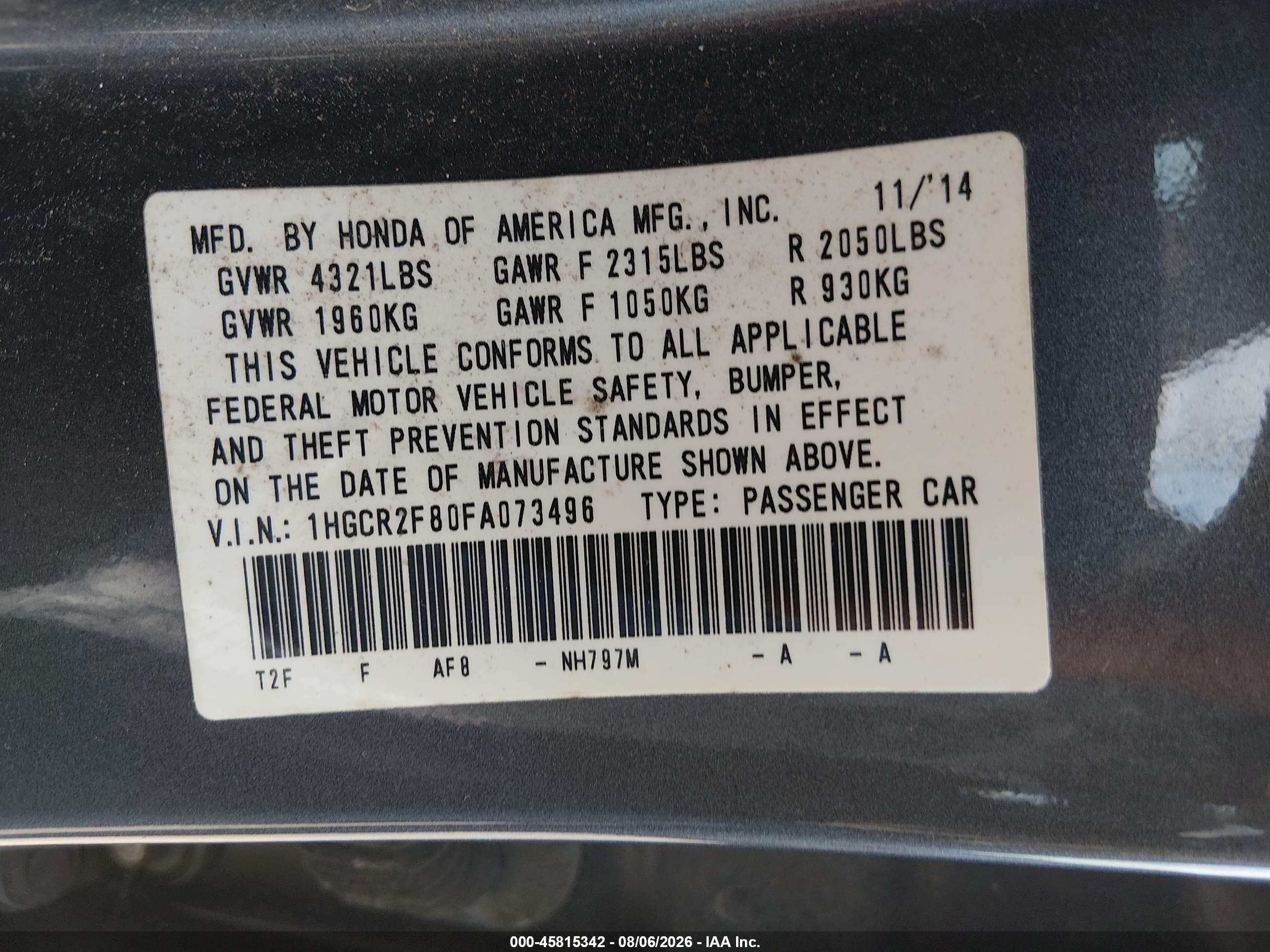 2015 Honda Accord Ex-l Серый vin: 1HGCR2F80FA073496