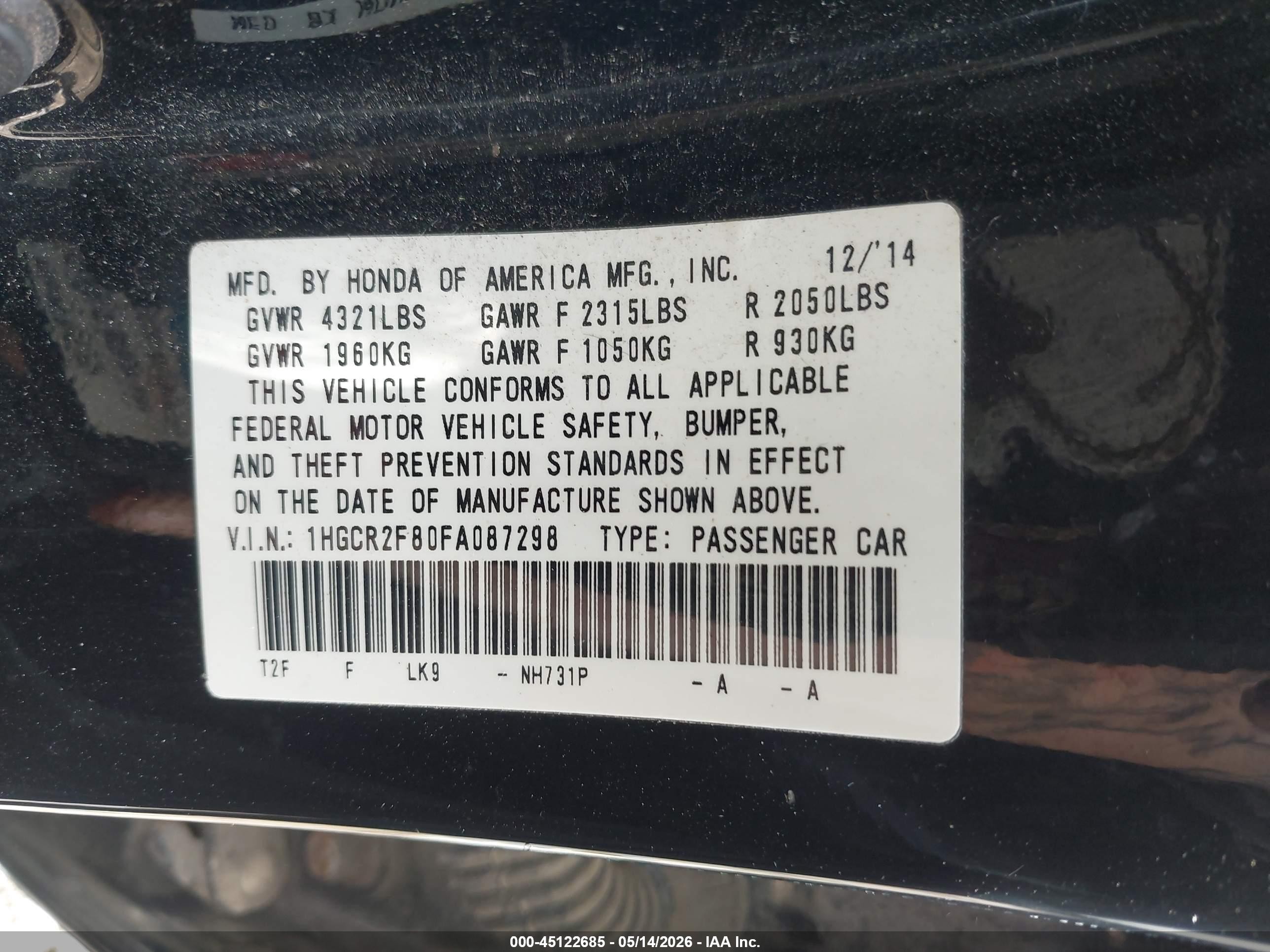 2015 Honda Accord Ex-l Черный vin: 1HGCR2F80FA087298