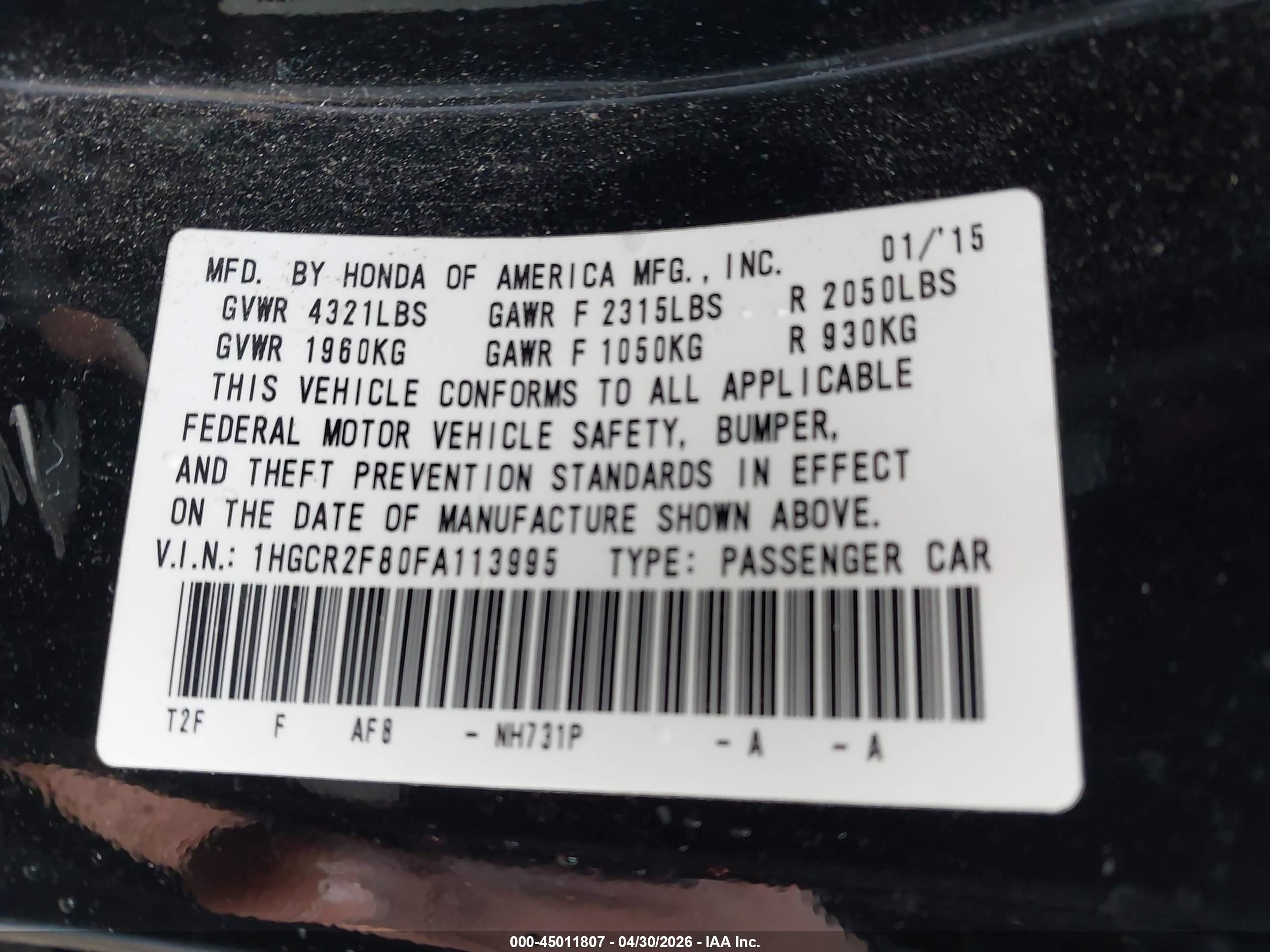 2015 Honda Accord Ex-l Black vin: 1HGCR2F80FA113995