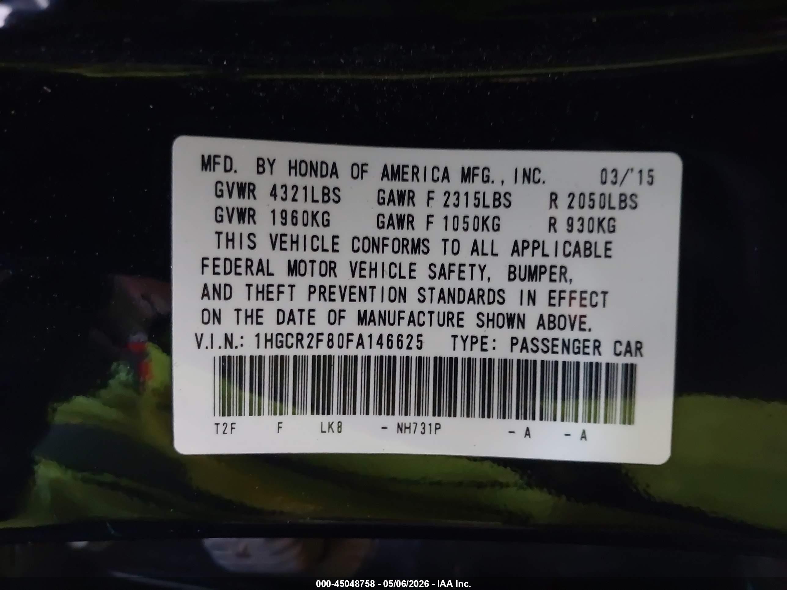 2015 Honda Accord Ex-l Черный vin: 1HGCR2F80FA146625