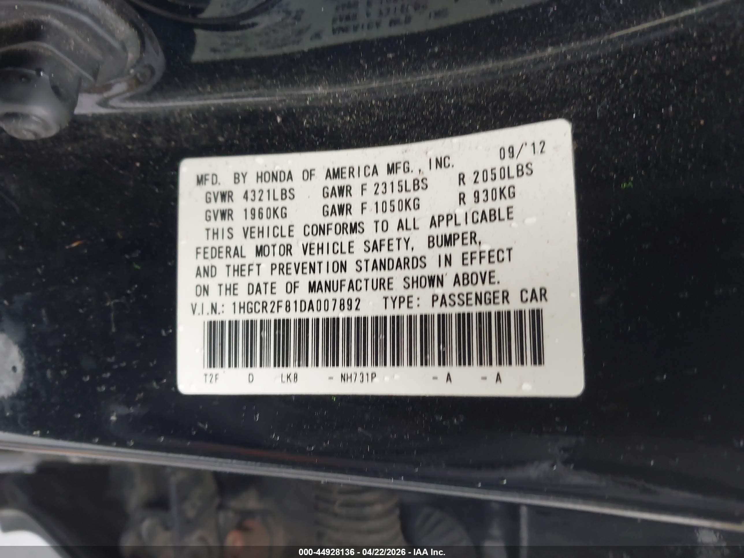 2013 Honda Accord Ex-l Black vin: 1HGCR2F81DA007892