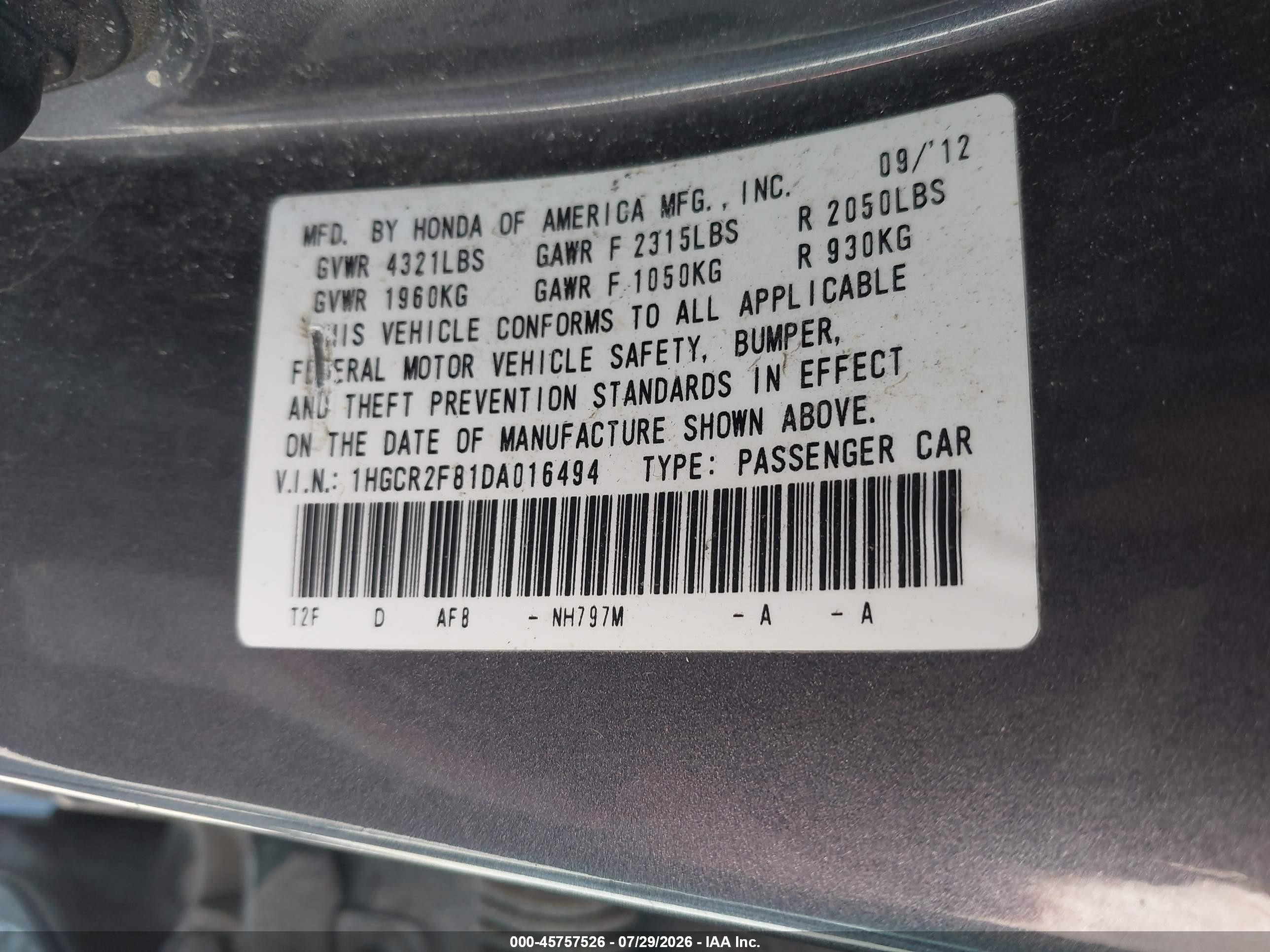 2013 Honda Accord Ex-l Gray vin: 1HGCR2F81DA016494