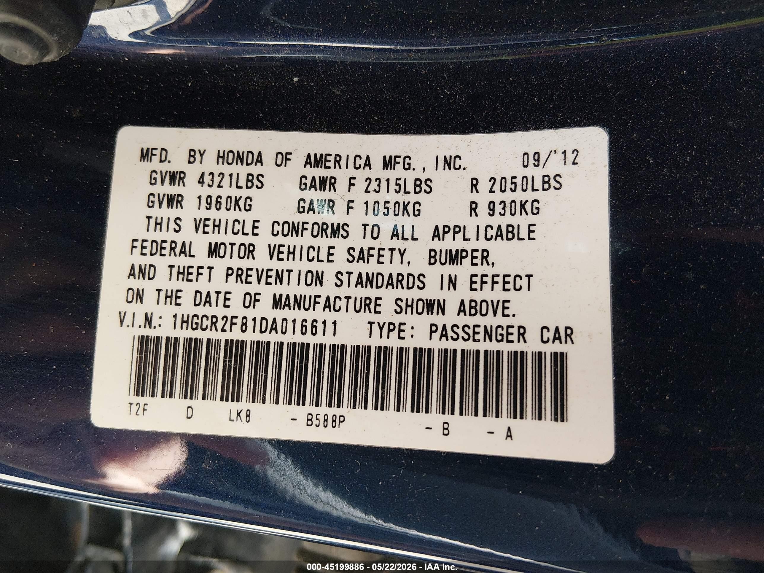 2013 Honda Accord Ex-l Blue vin: 1HGCR2F81DA016611