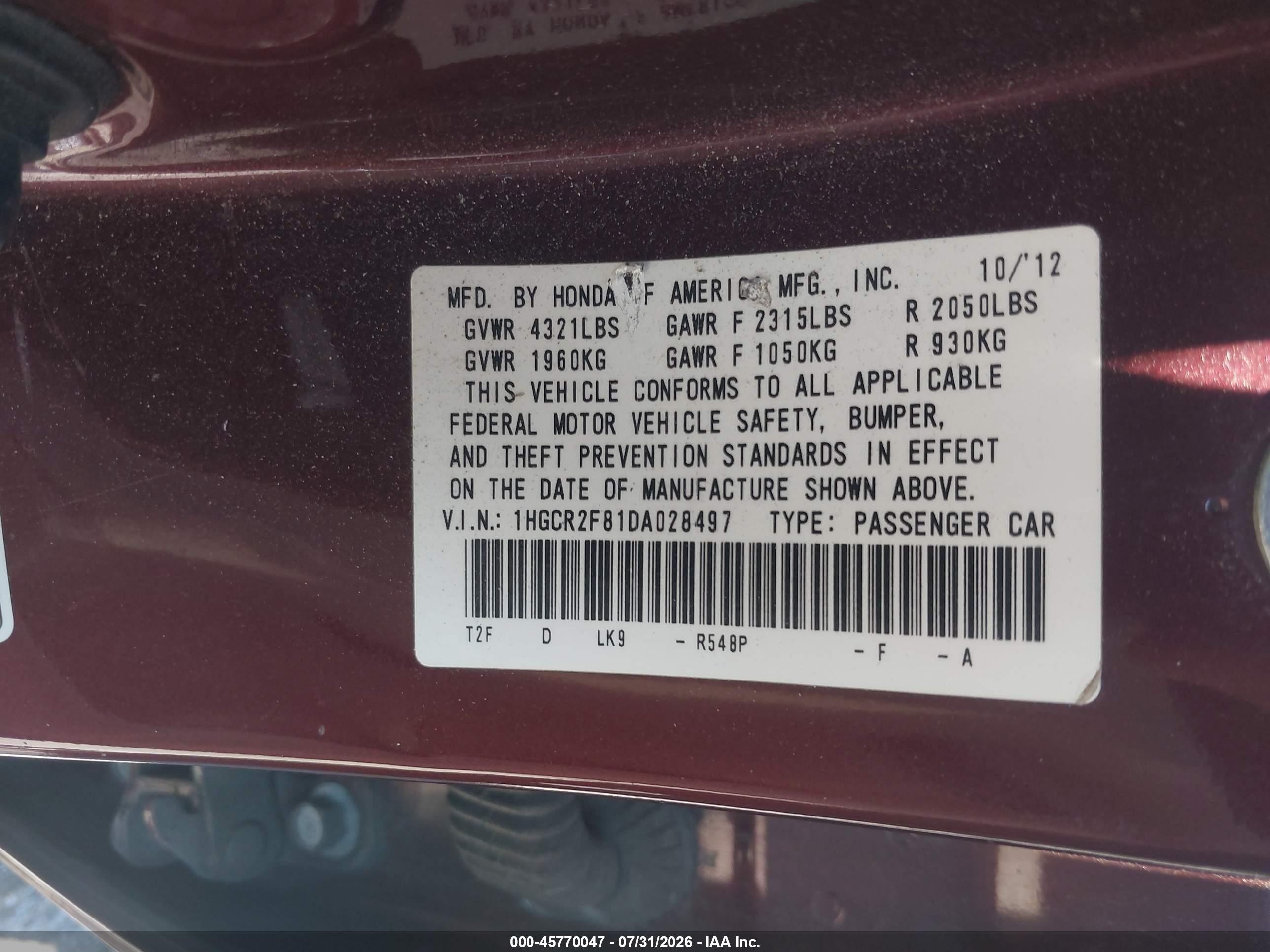 2013 Honda Accord Ex-l Burgundy vin: 1HGCR2F81DA028497