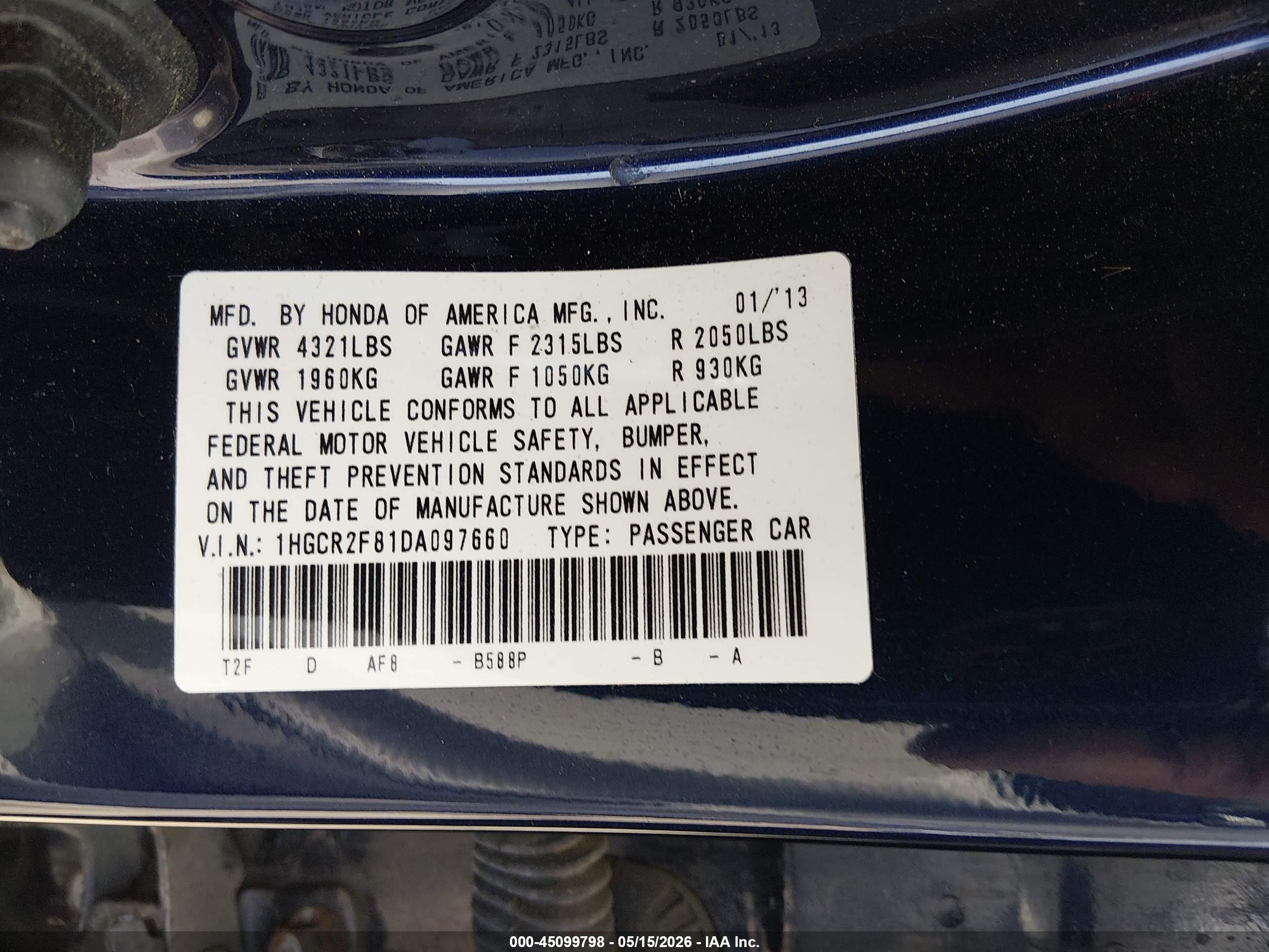 2013 Honda Accord Ex-l Blue vin: 1HGCR2F81DA097660