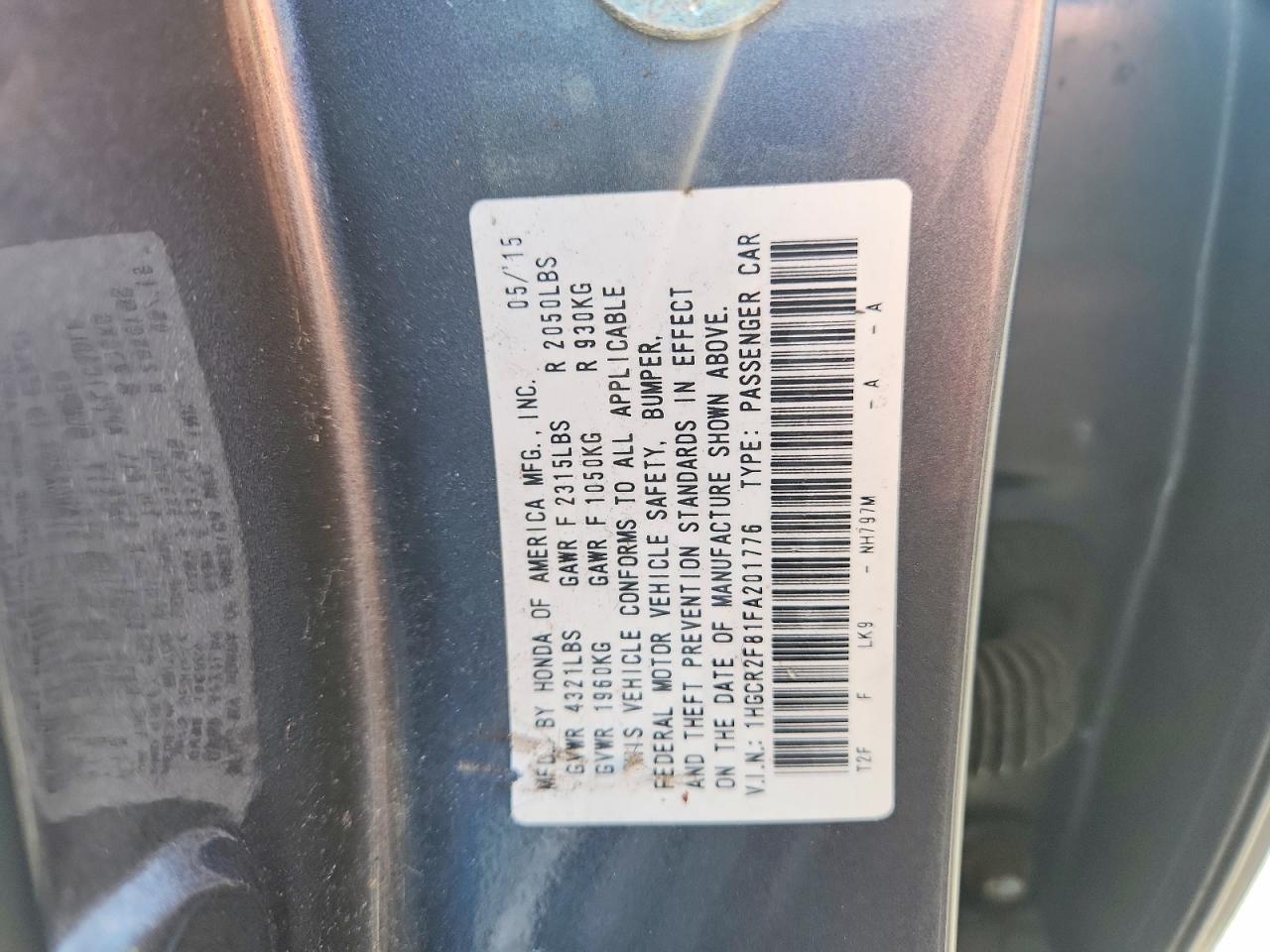 2015 Honda Accord Exl Серый vin: 1HGCR2F81FA201776