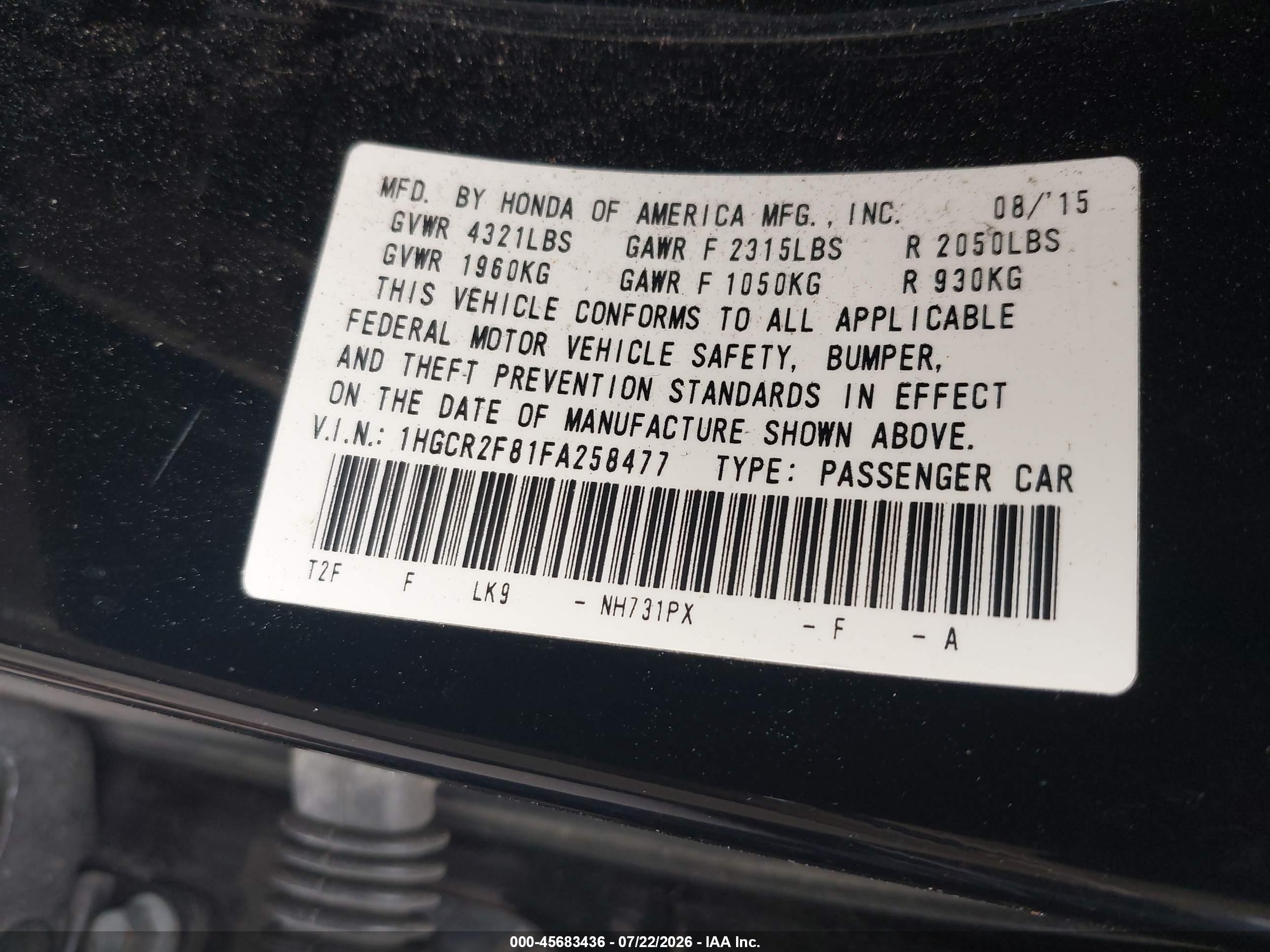2015 Honda Accord Ex-l Black vin: 1HGCR2F81FA258477