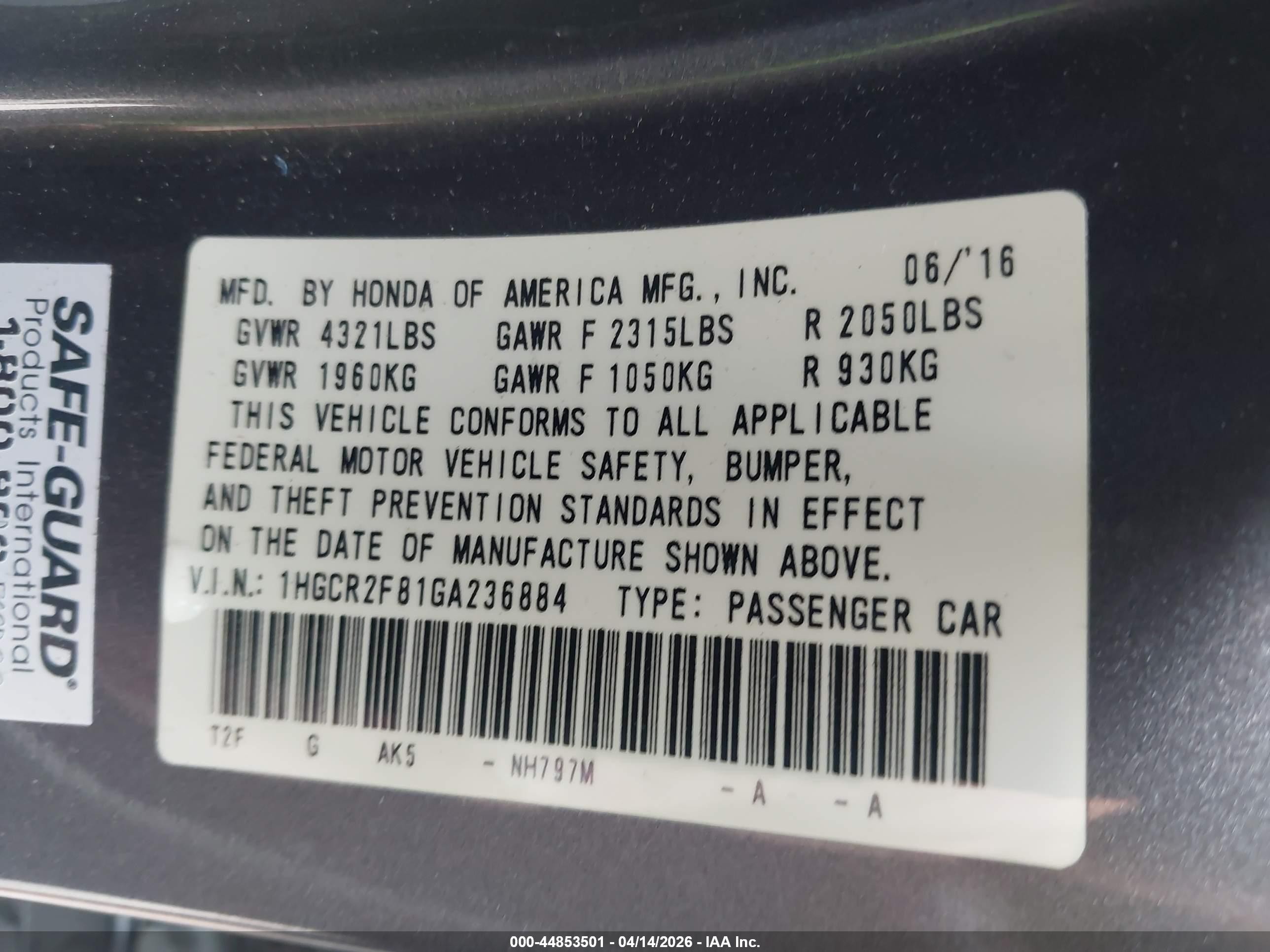 2016 Honda Accord Ex-l Серый vin: 1HGCR2F81GA236884