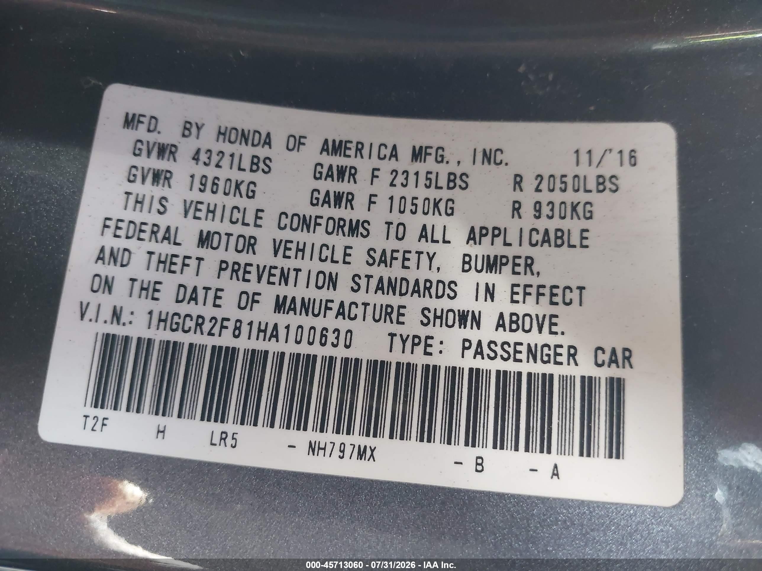 2017 Honda Accord Ex-l Gray vin: 1HGCR2F81HA100630