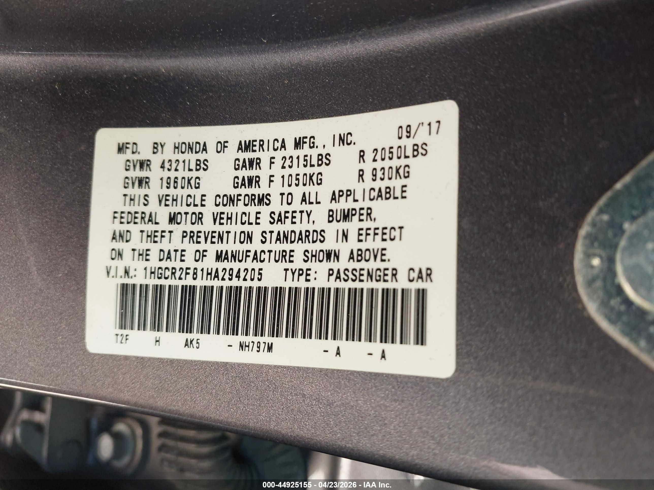 2017 Honda Accord Ex-l Gray vin: 1HGCR2F81HA294205