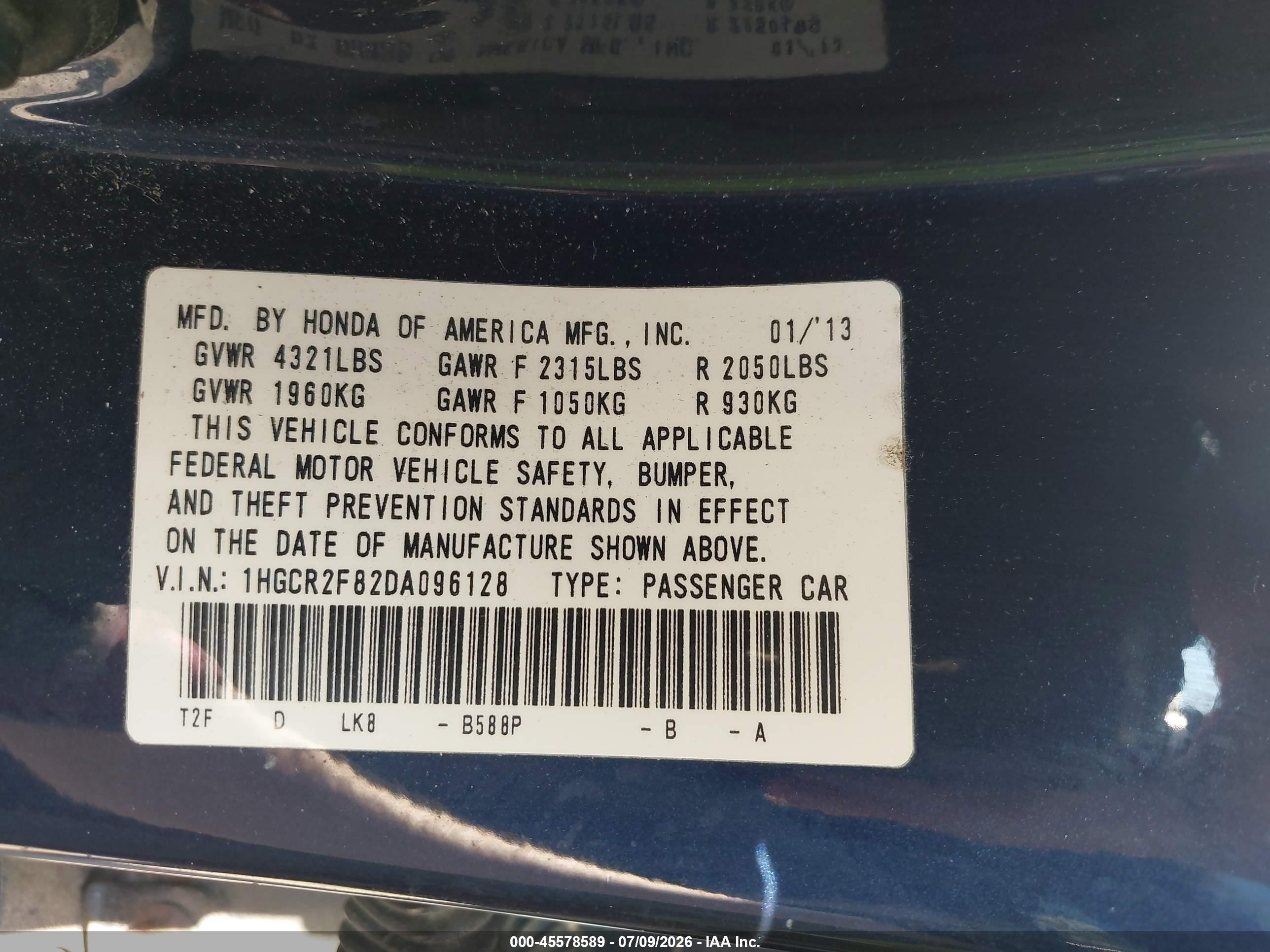 2013 Honda Accord Ex-l Blue vin: 1HGCR2F82DA096128