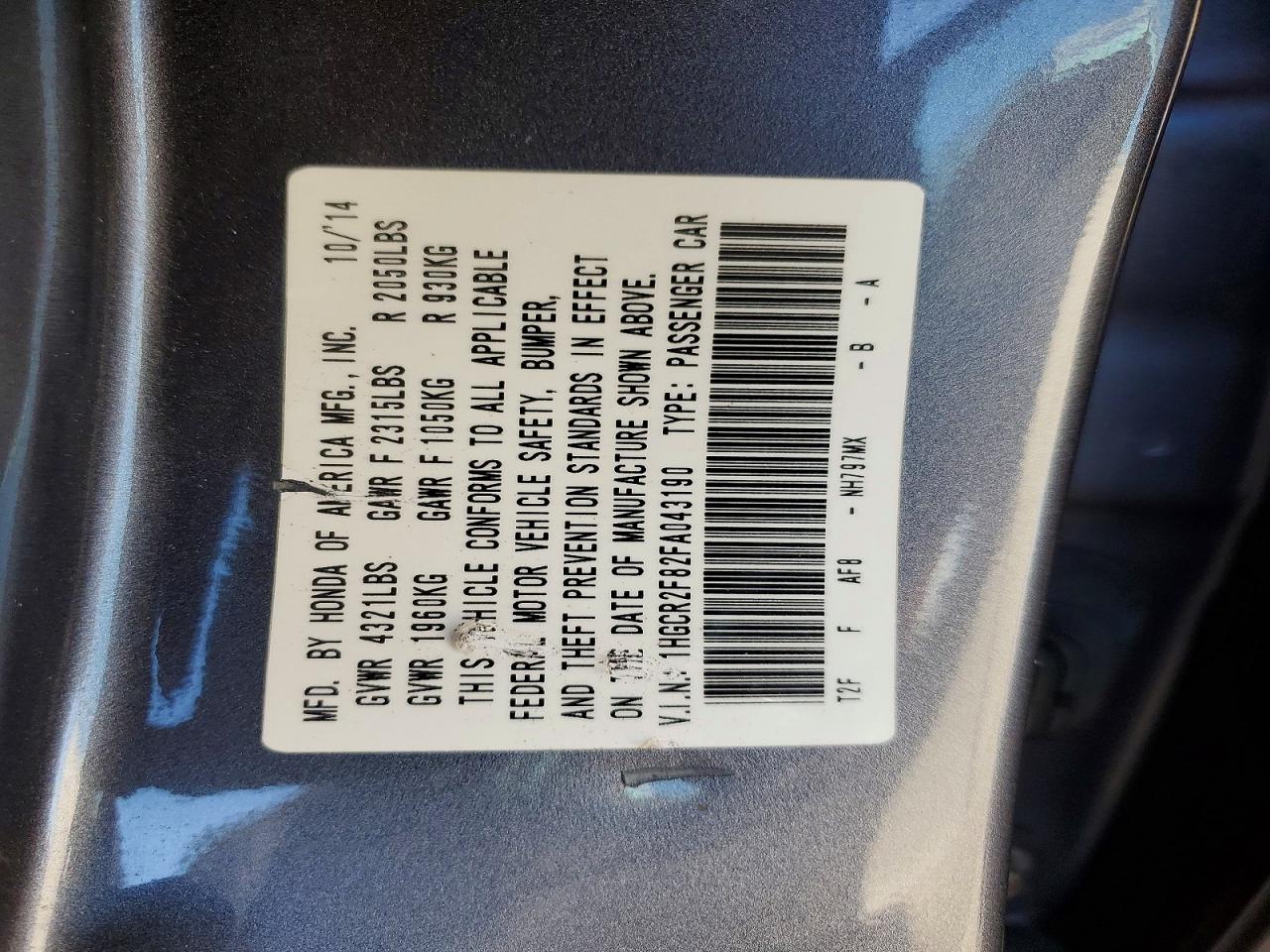 2015 Honda Accord Exl Серый vin: 1HGCR2F82FA043190