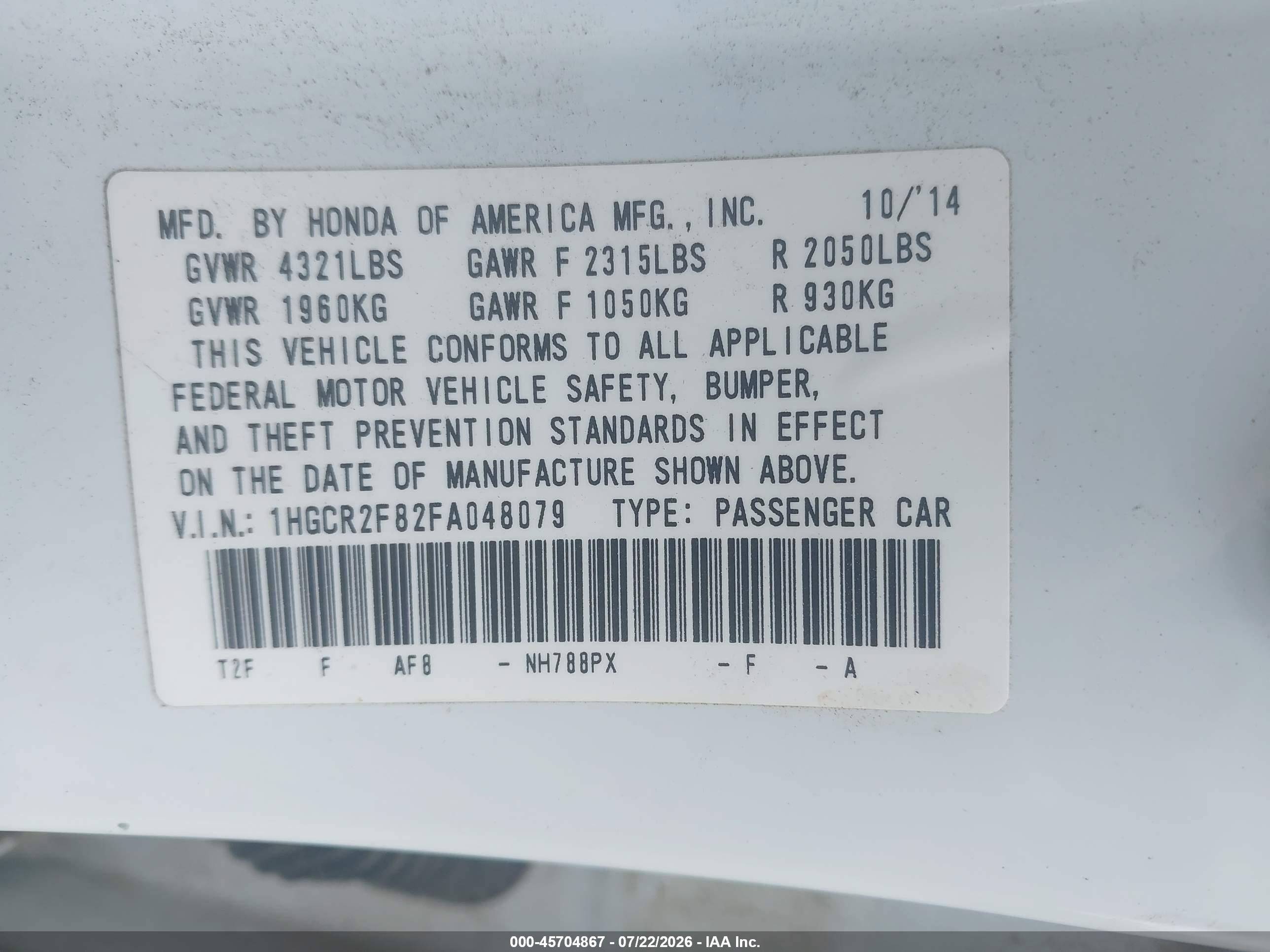 2015 Honda Accord Ex-l Белый vin: 1HGCR2F82FA048079