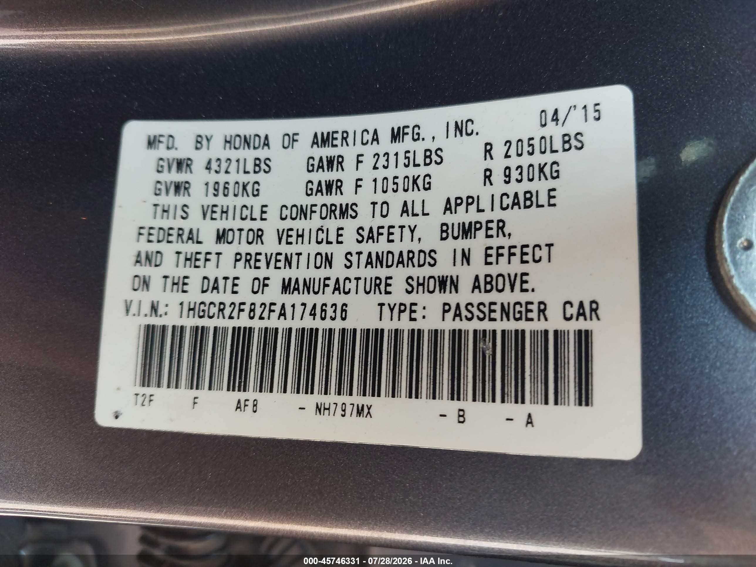 2015 Honda Accord Ex-l Gray vin: 1HGCR2F82FA174636
