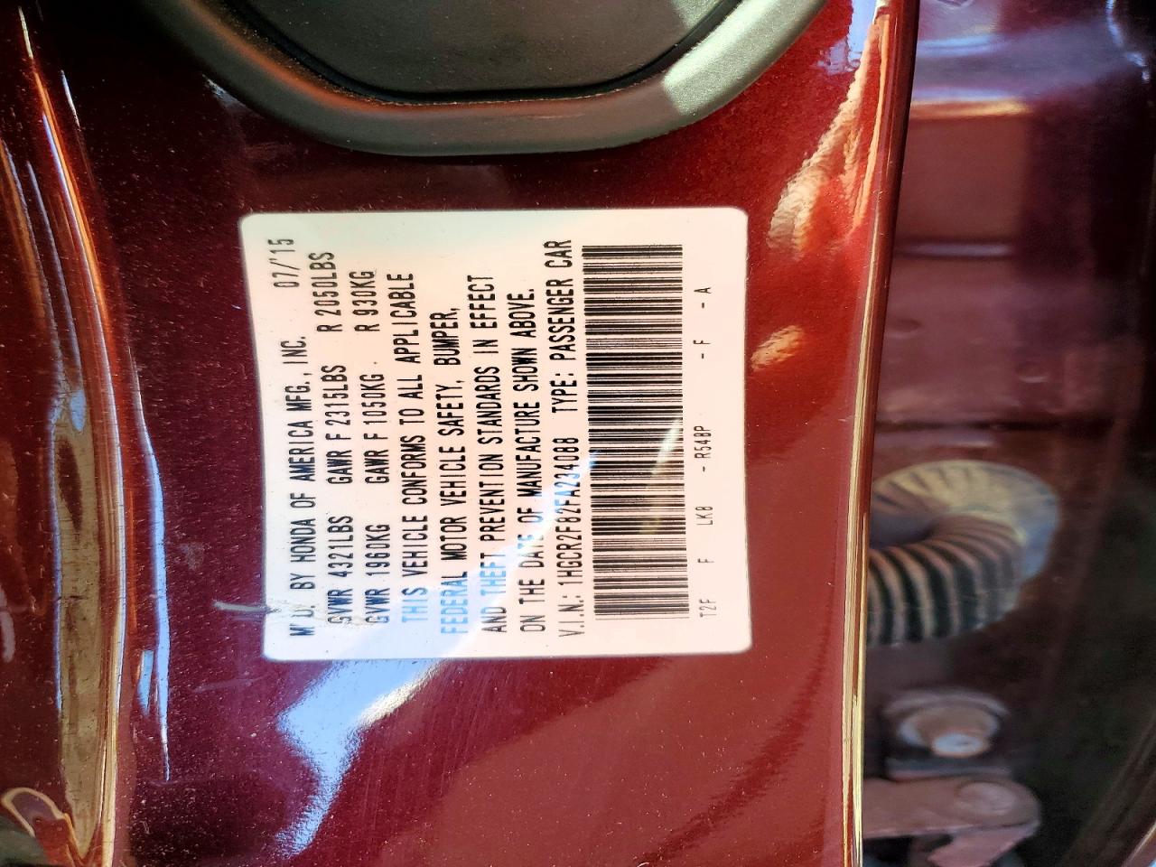 2015 Honda Accord Exl Burgundy vin: 1HGCR2F82FA234088