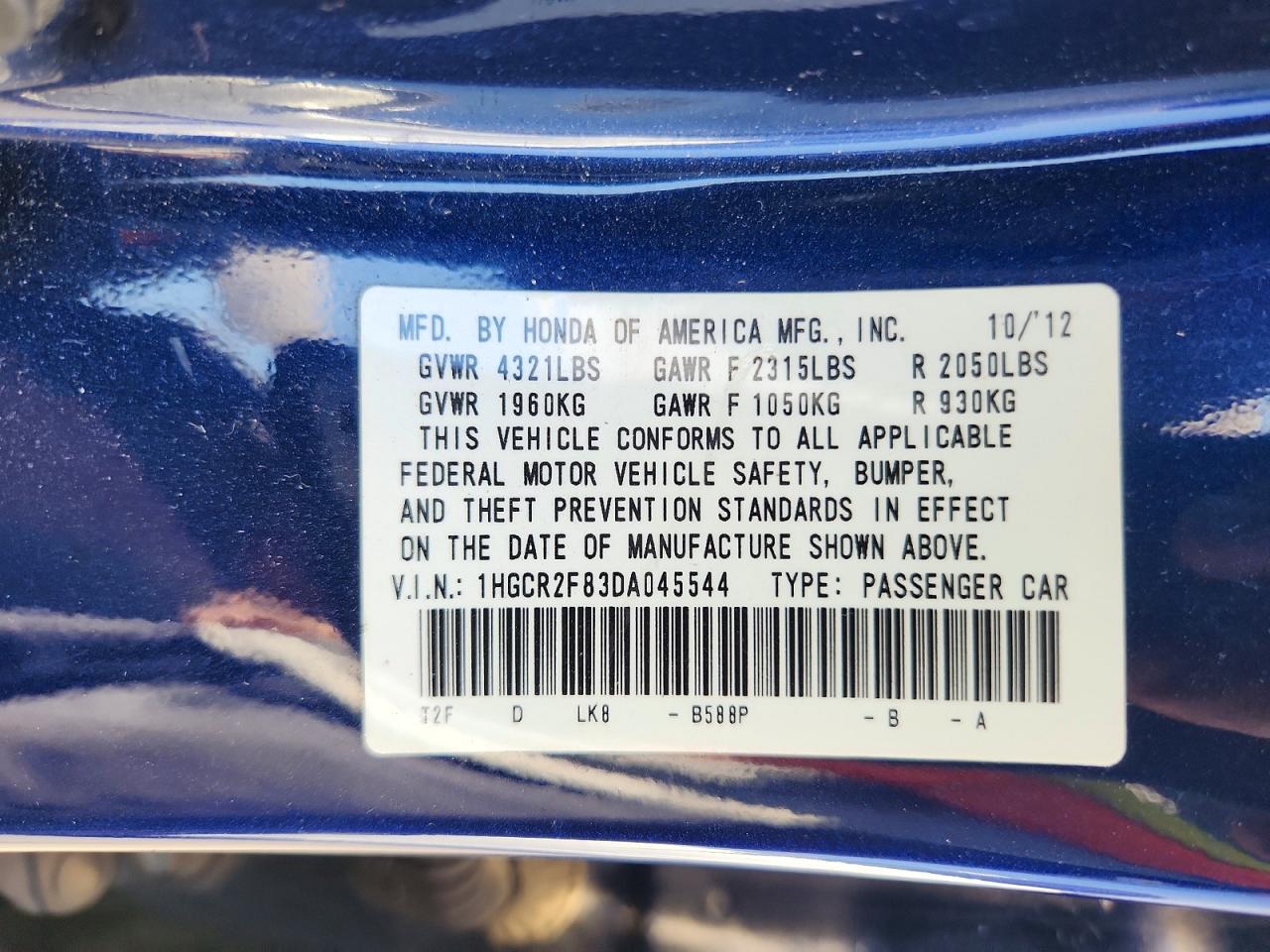 2013 Honda Accord Exl Blue vin: 1HGCR2F83DA045544
