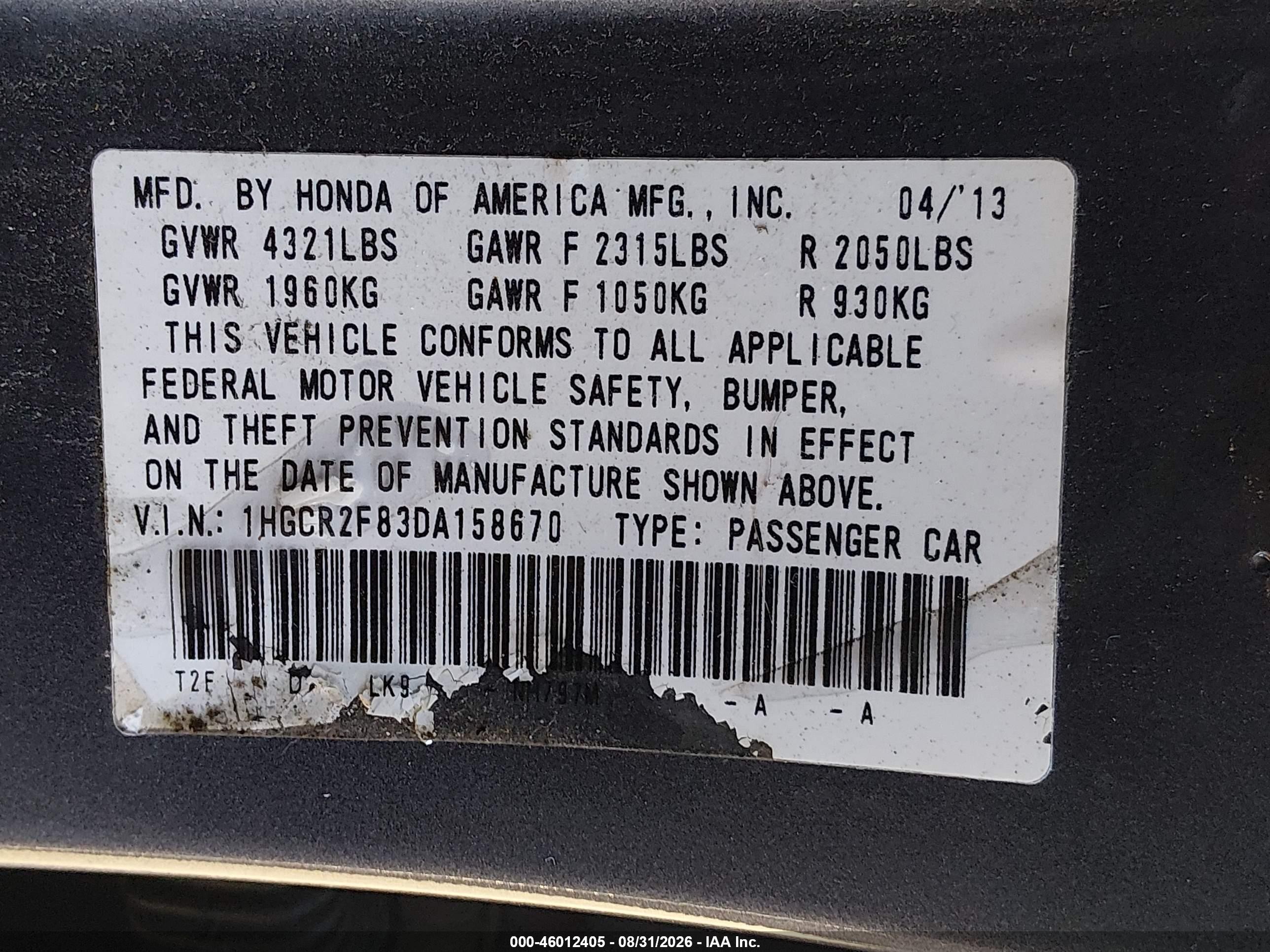 2013 Honda Accord Sdn Ex-l Gray vin: 1HGCR2F83DA158670