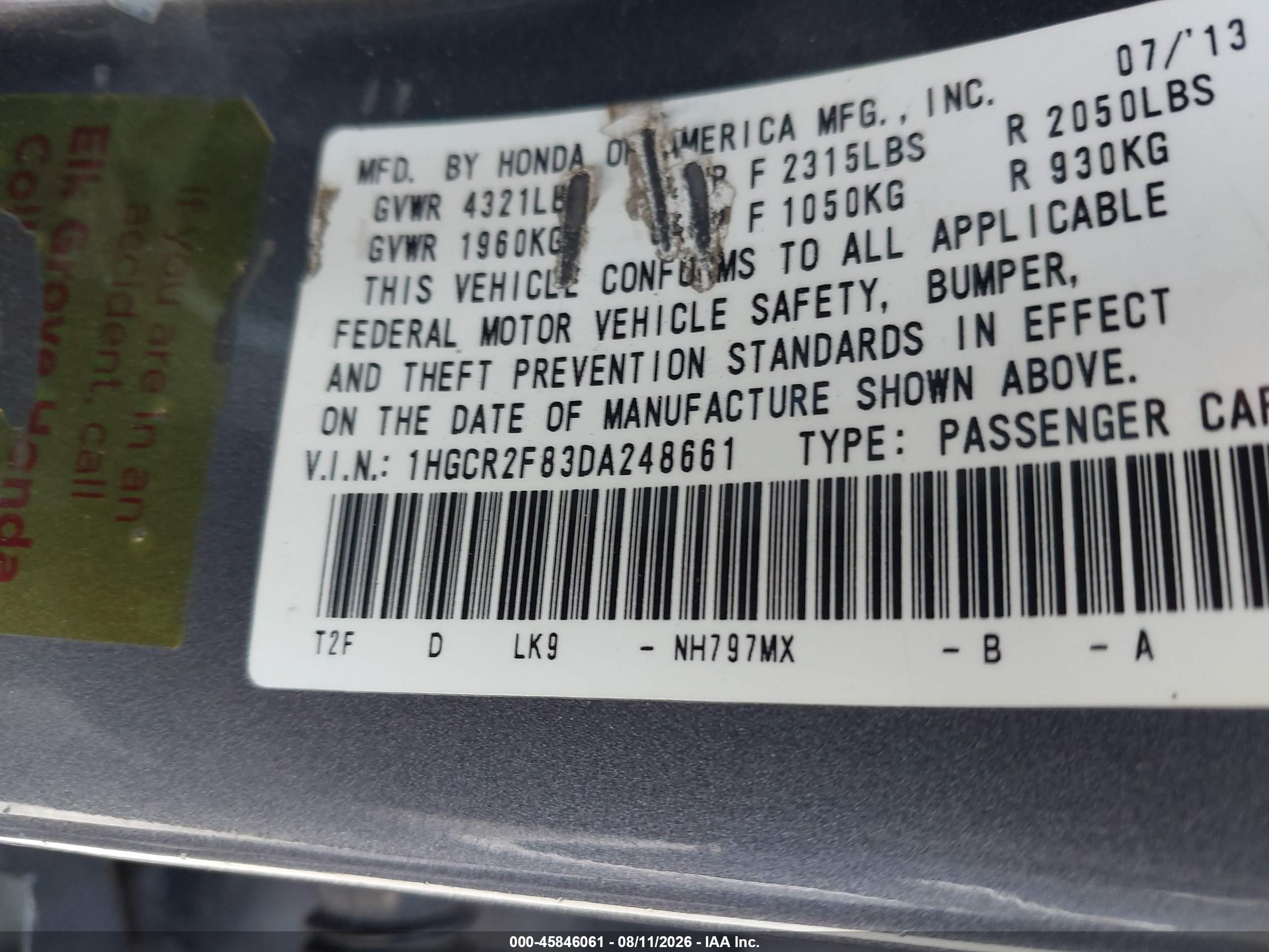 2013 Honda Accord Ex-l Gray vin: 1HGCR2F83DA248661
