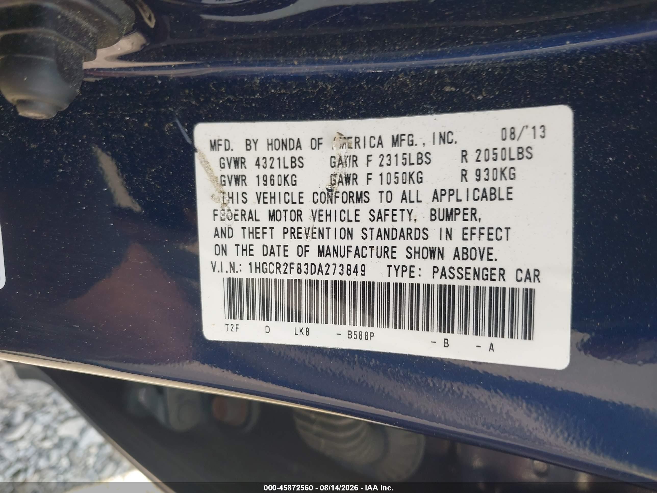 2013 Honda Accord Ex-l Blue vin: 1HGCR2F83DA273849