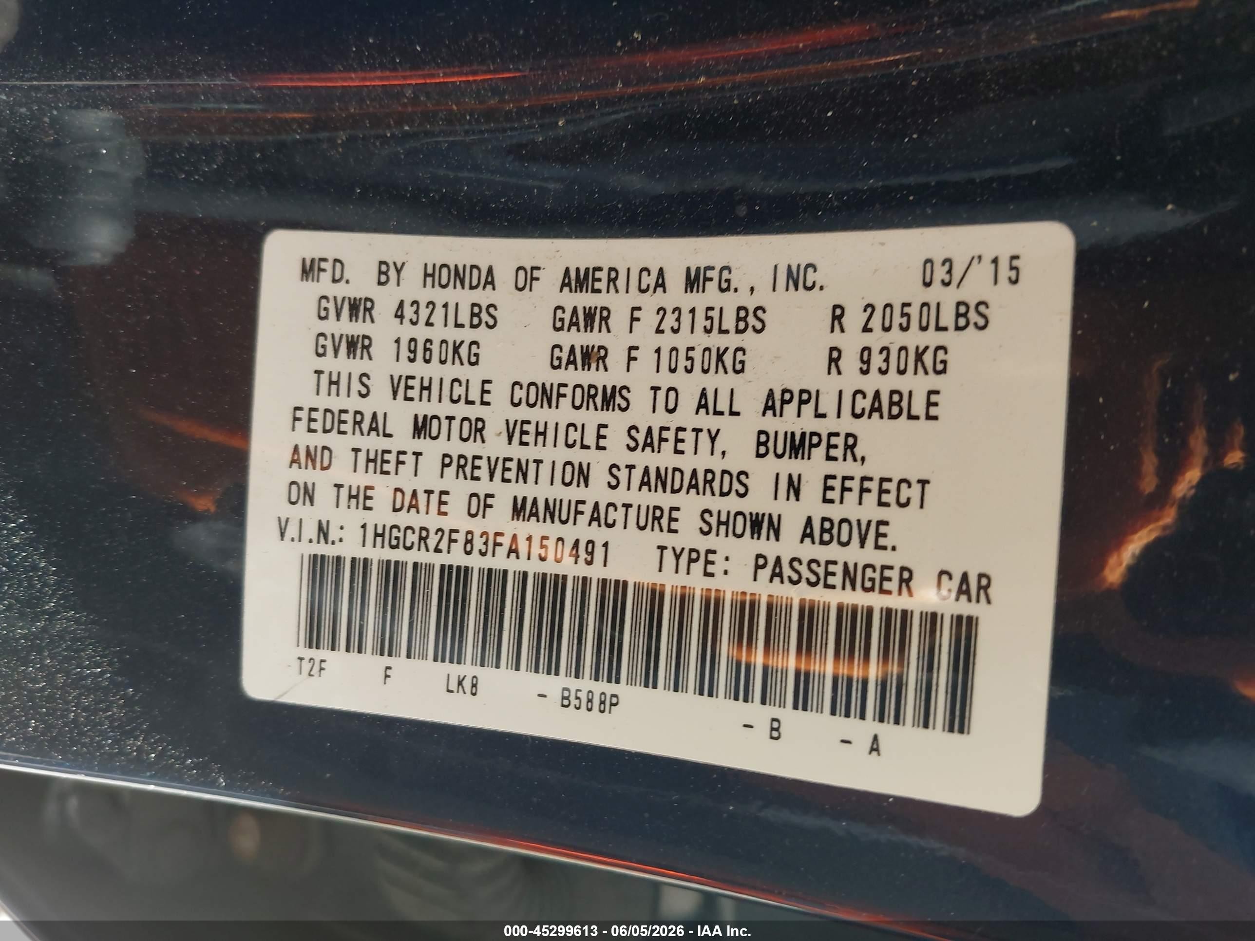 2015 Honda Accord Ex-l Blue vin: 1HGCR2F83FA150491