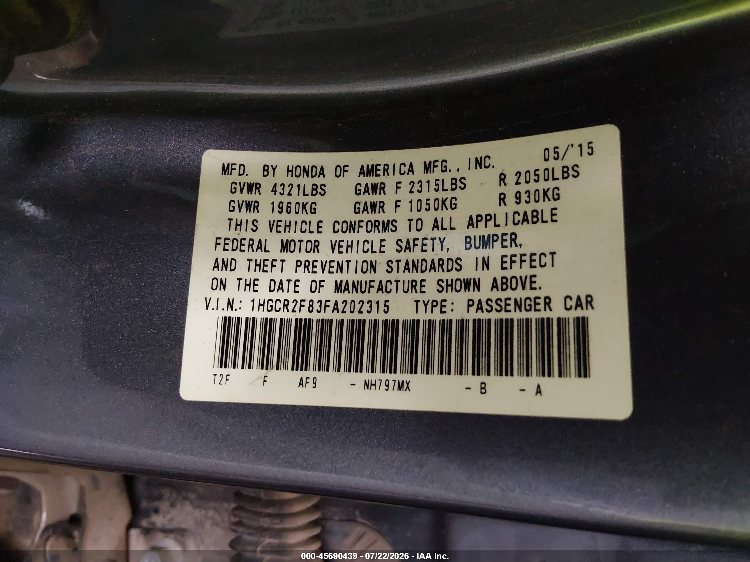 2015 Honda Accord Ex-l Gray vin: 1HGCR2F83FA202315