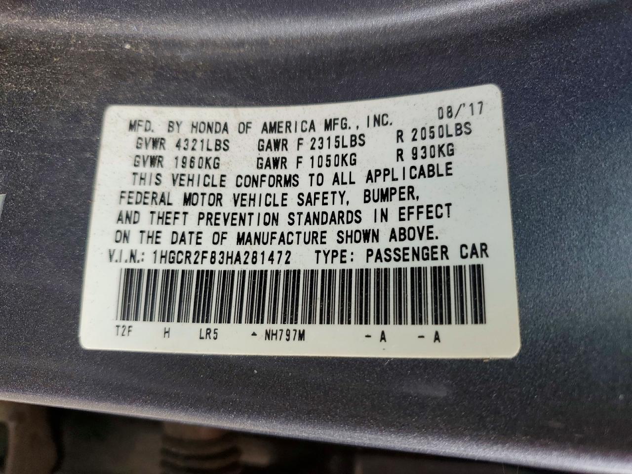 2017 Honda Accord Exl Серый vin: 1HGCR2F83HA281472