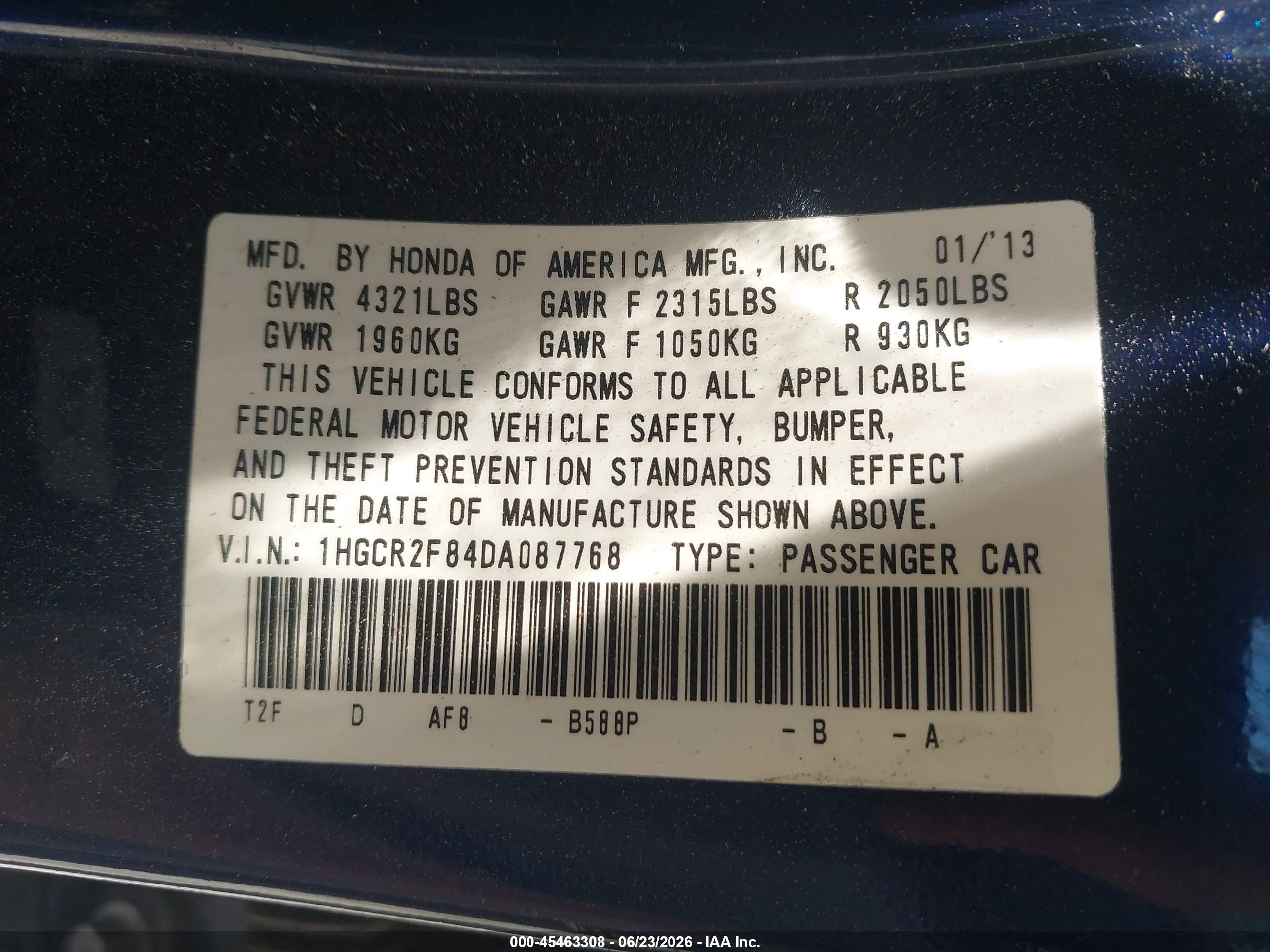 2013 Honda Accord Ex-l Blue vin: 1HGCR2F84DA087768