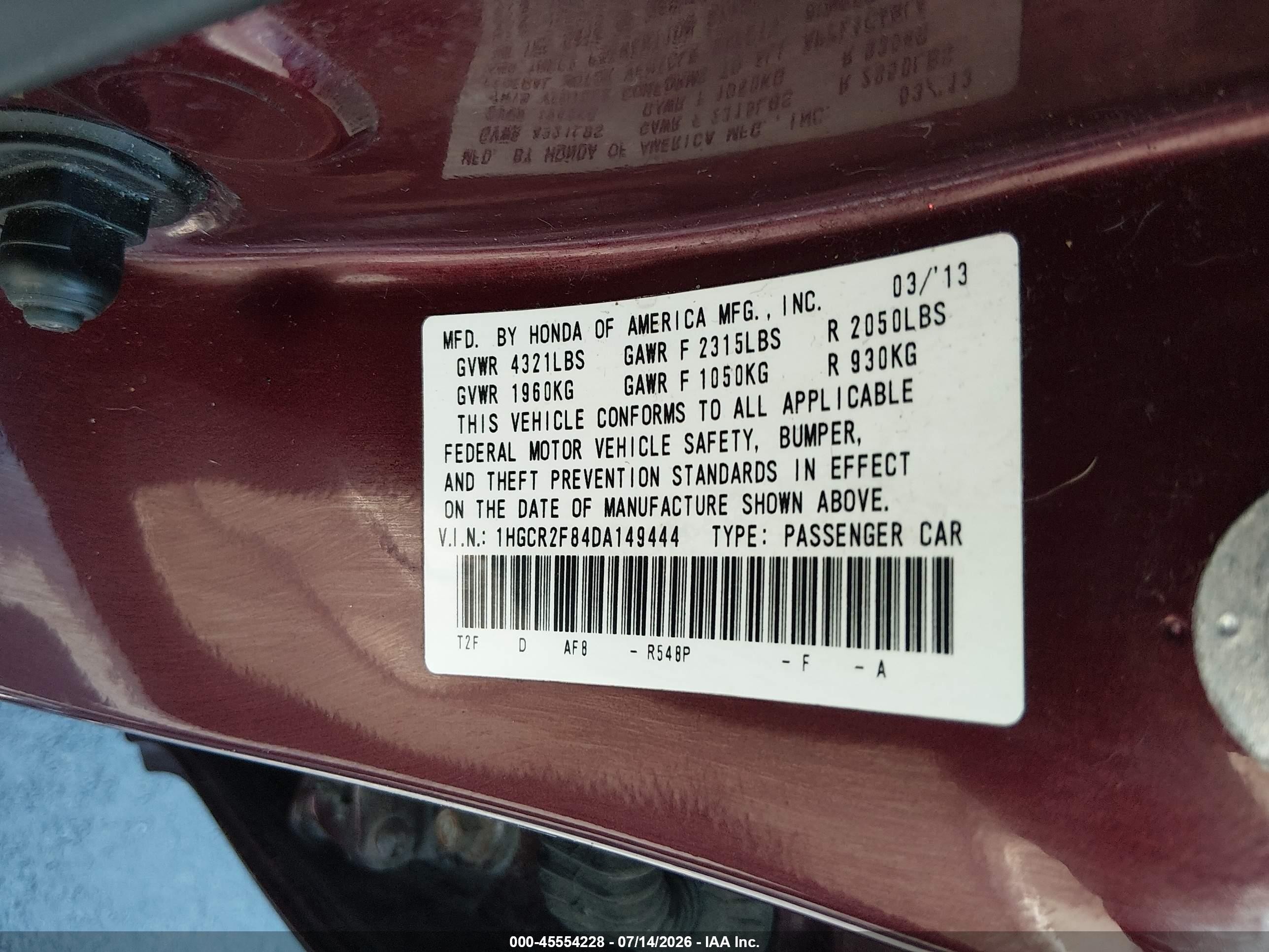 2013 Honda Accord Ex-l Maroon vin: 1HGCR2F84DA149444
