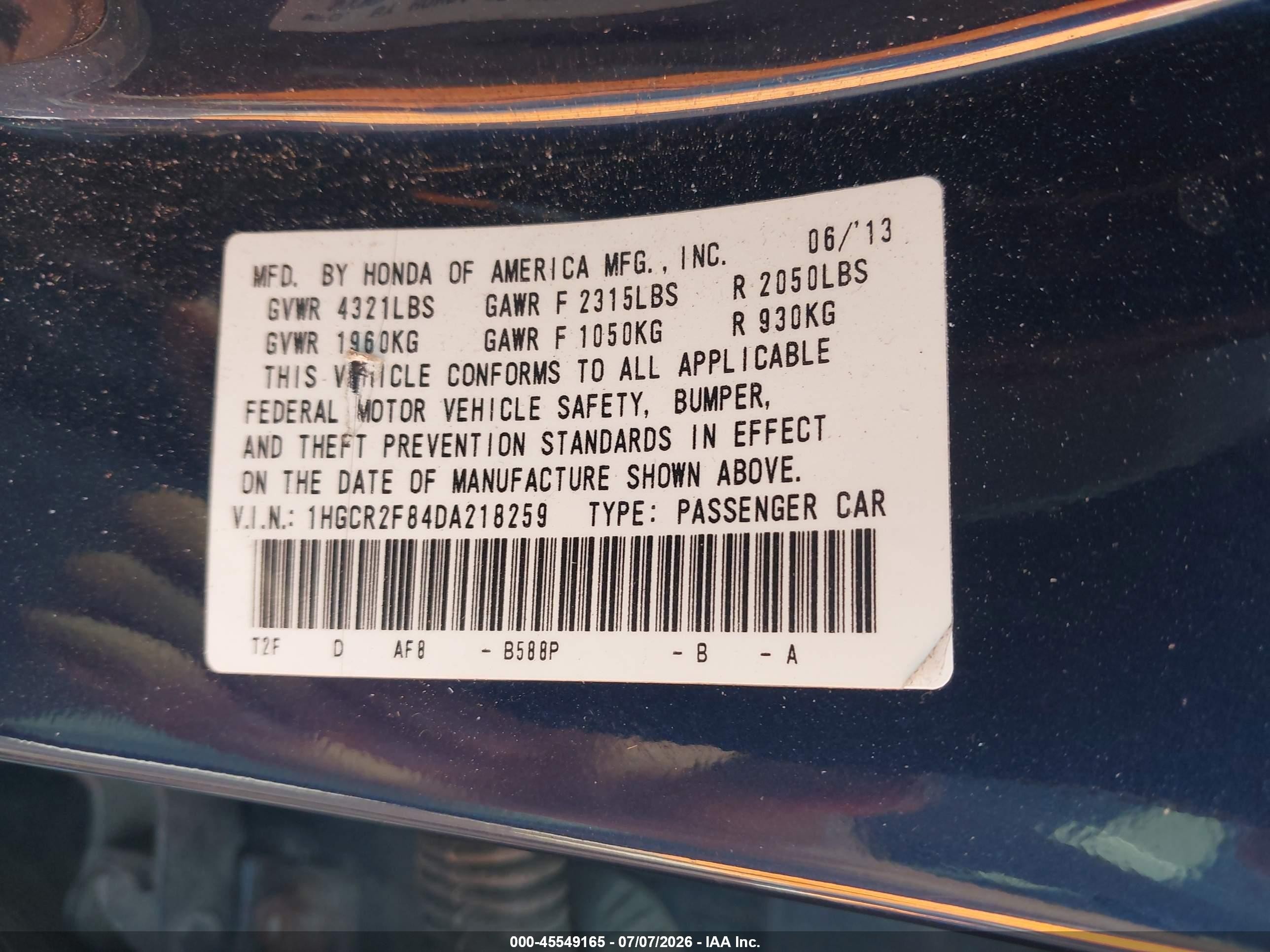 2013 Honda Accord Ex-l Blue vin: 1HGCR2F84DA218259