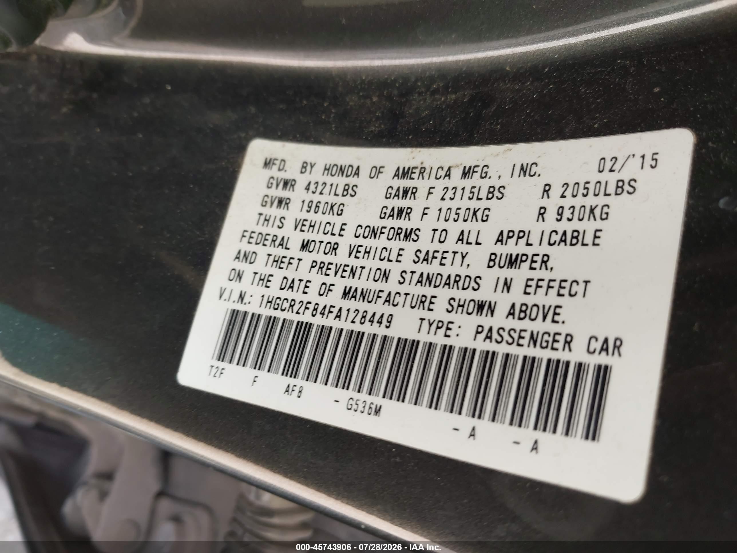 2015 Honda Accord Ex-l Серый vin: 1HGCR2F84FA128449