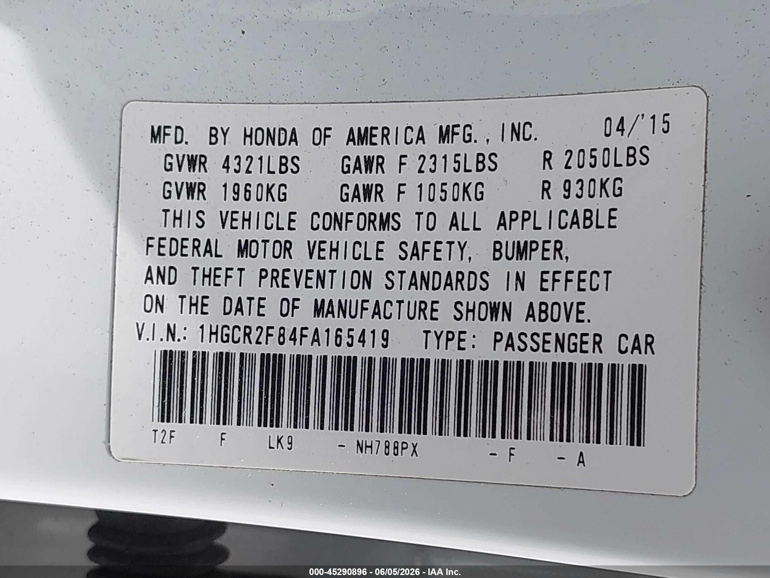 2015 Honda Accord Ex-l White vin: 1HGCR2F84FA165419