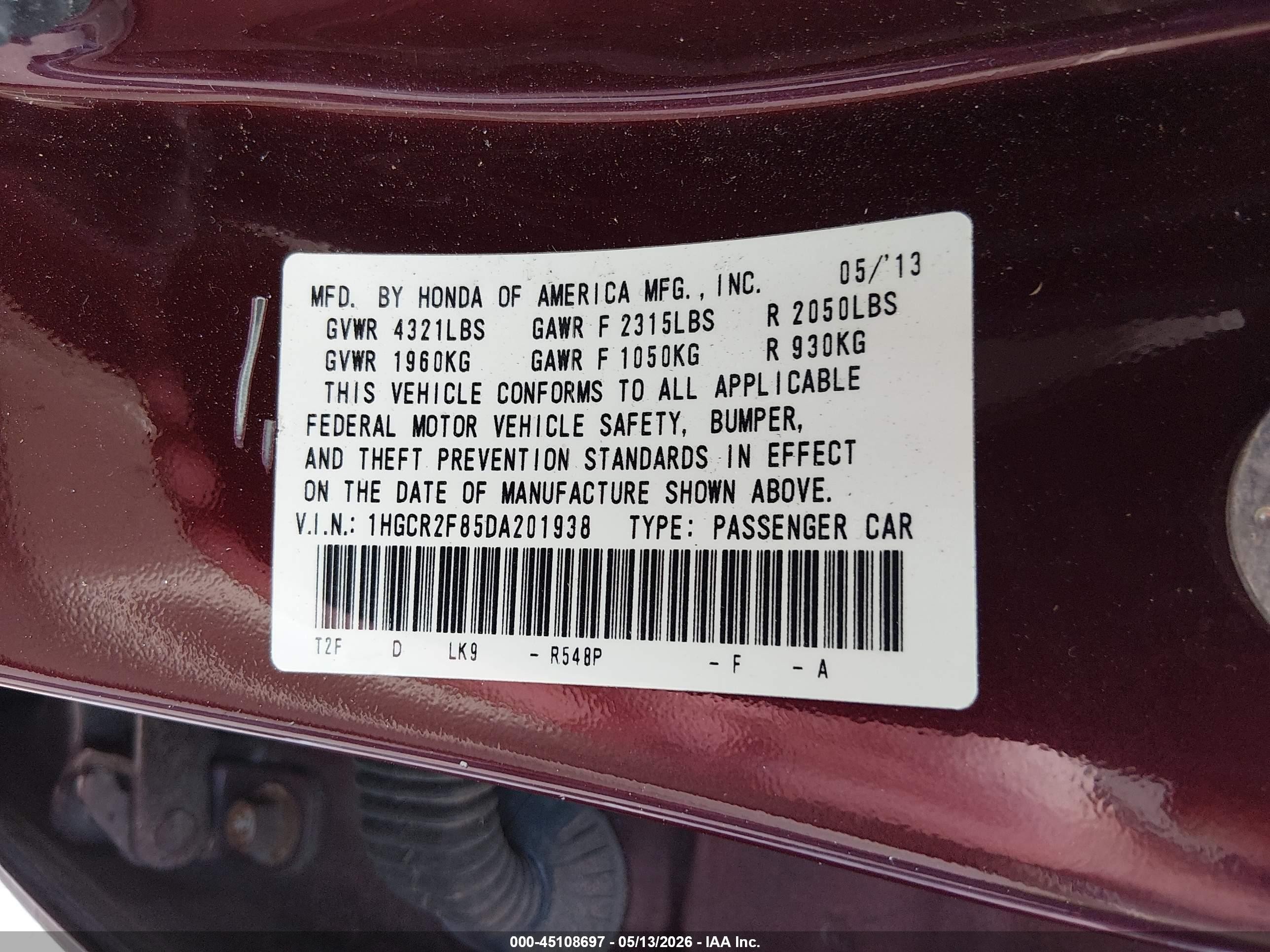 2013 Honda Accord Ex-l Бордовый vin: 1HGCR2F85DA201938