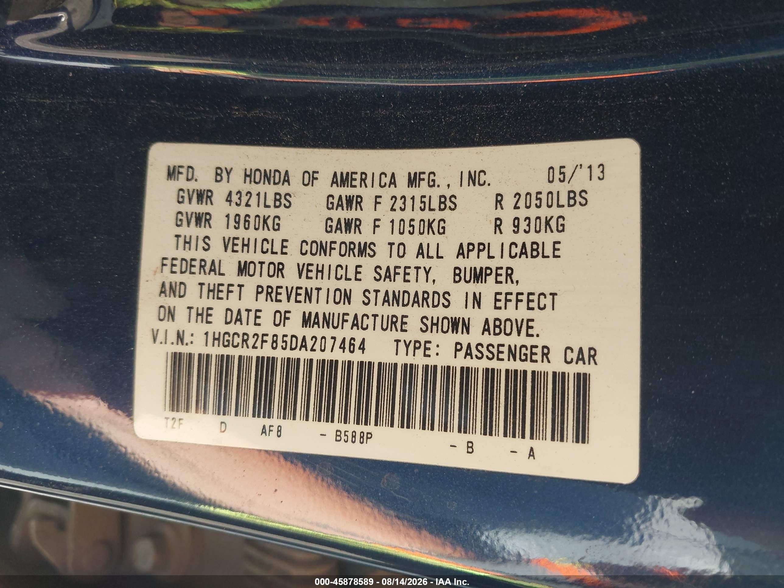 2013 Honda Accord Ex-l Blue vin: 1HGCR2F85DA207464