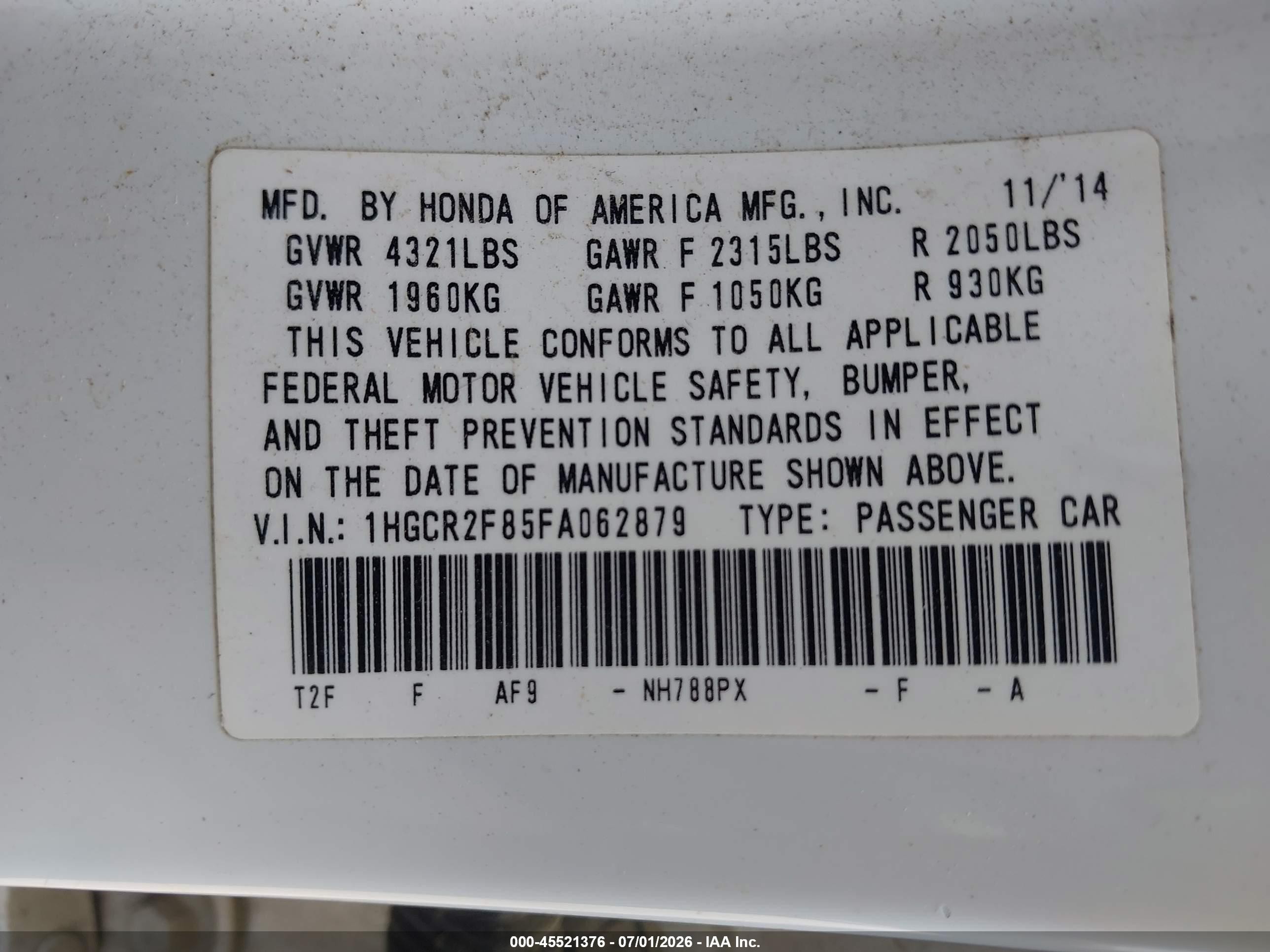2015 Honda Accord Ex-l White vin: 1HGCR2F85FA062879