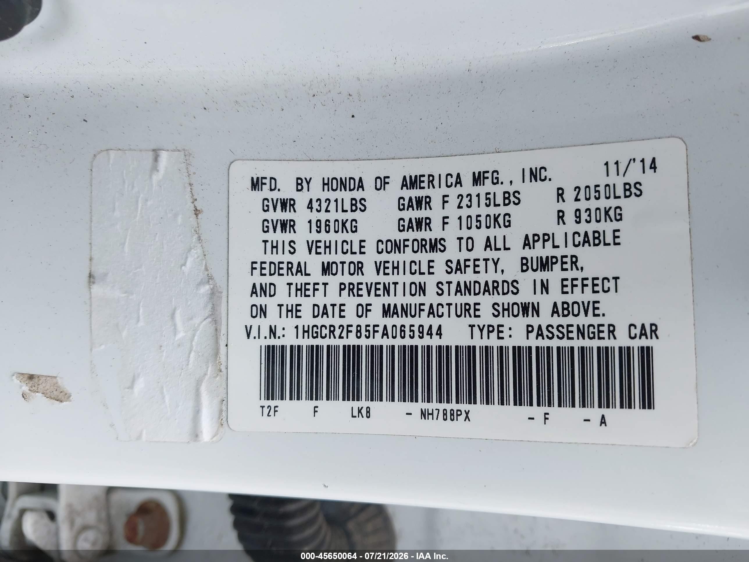 2015 Honda Accord Ex-l White vin: 1HGCR2F85FA065944