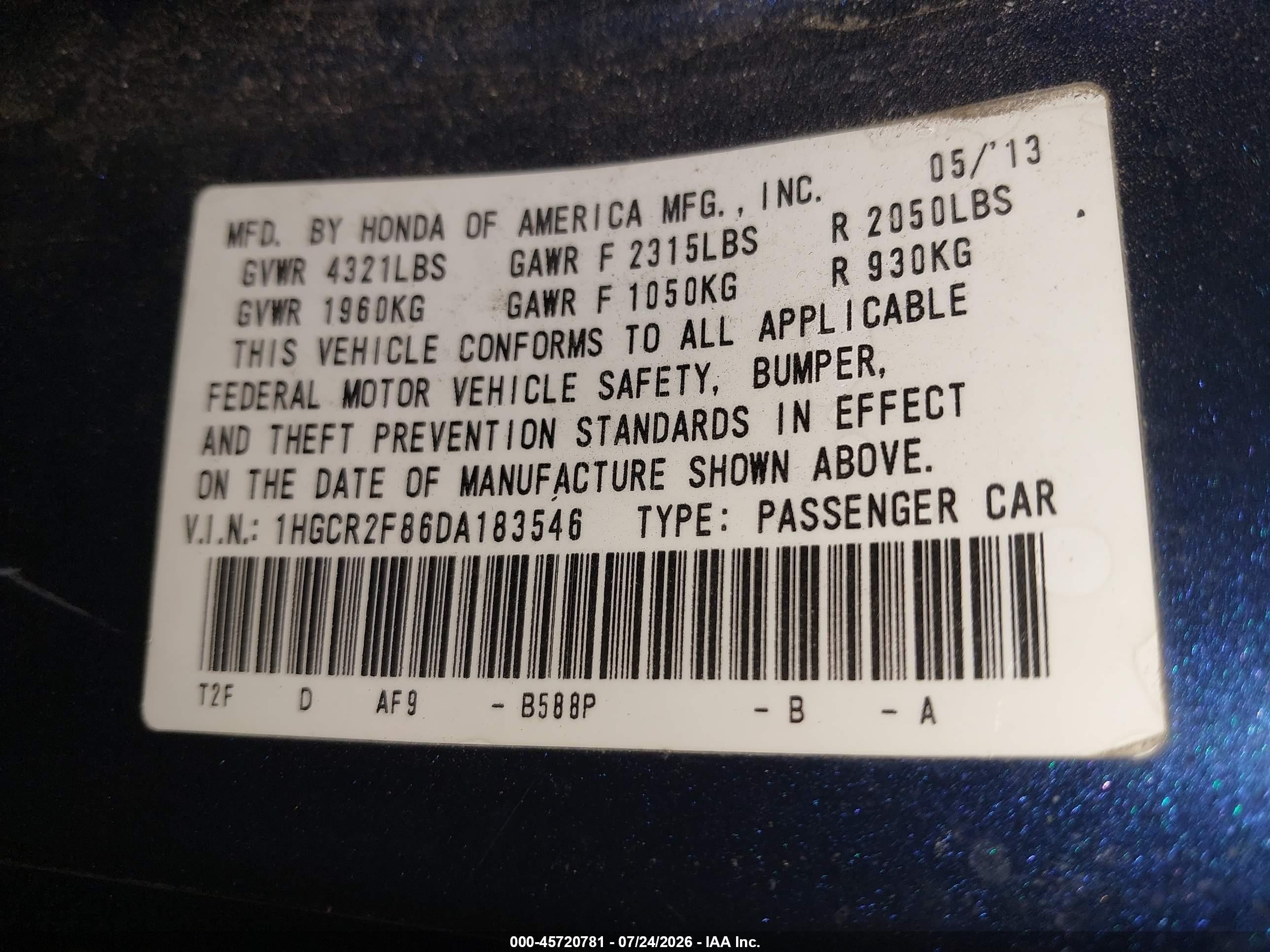 2013 Honda Accord Ex-l Blue vin: 1HGCR2F86DA183546