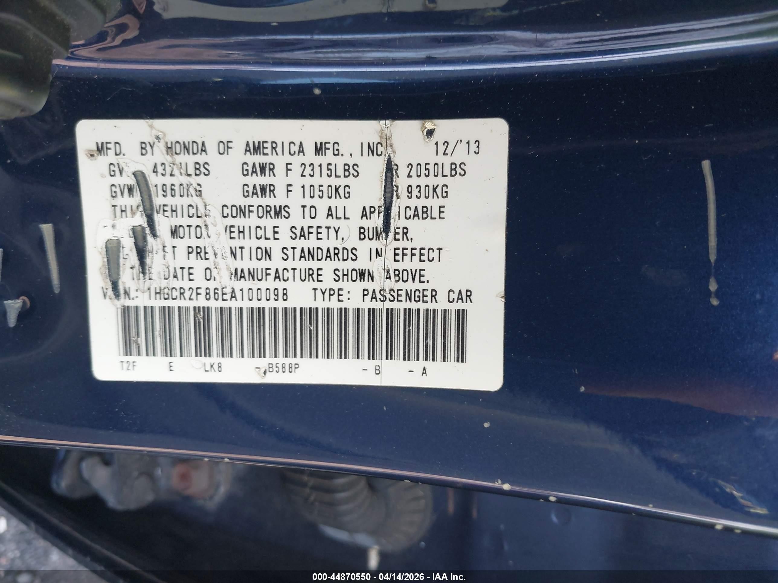 2014 Honda Accord Ex-l Blue vin: 1HGCR2F86EA100098
