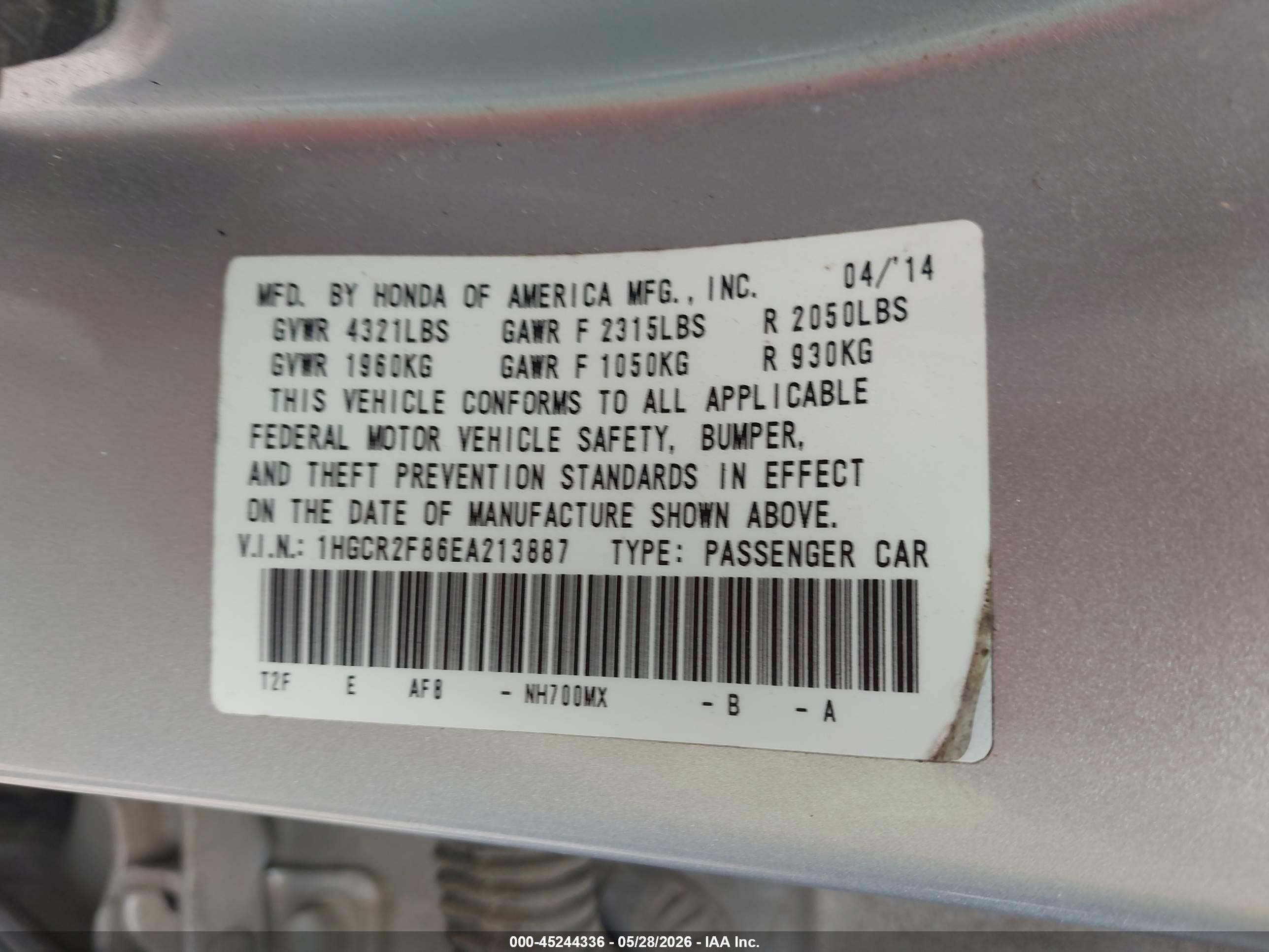 2014 Honda Accord Ex-l Серебряный vin: 1HGCR2F86EA213887