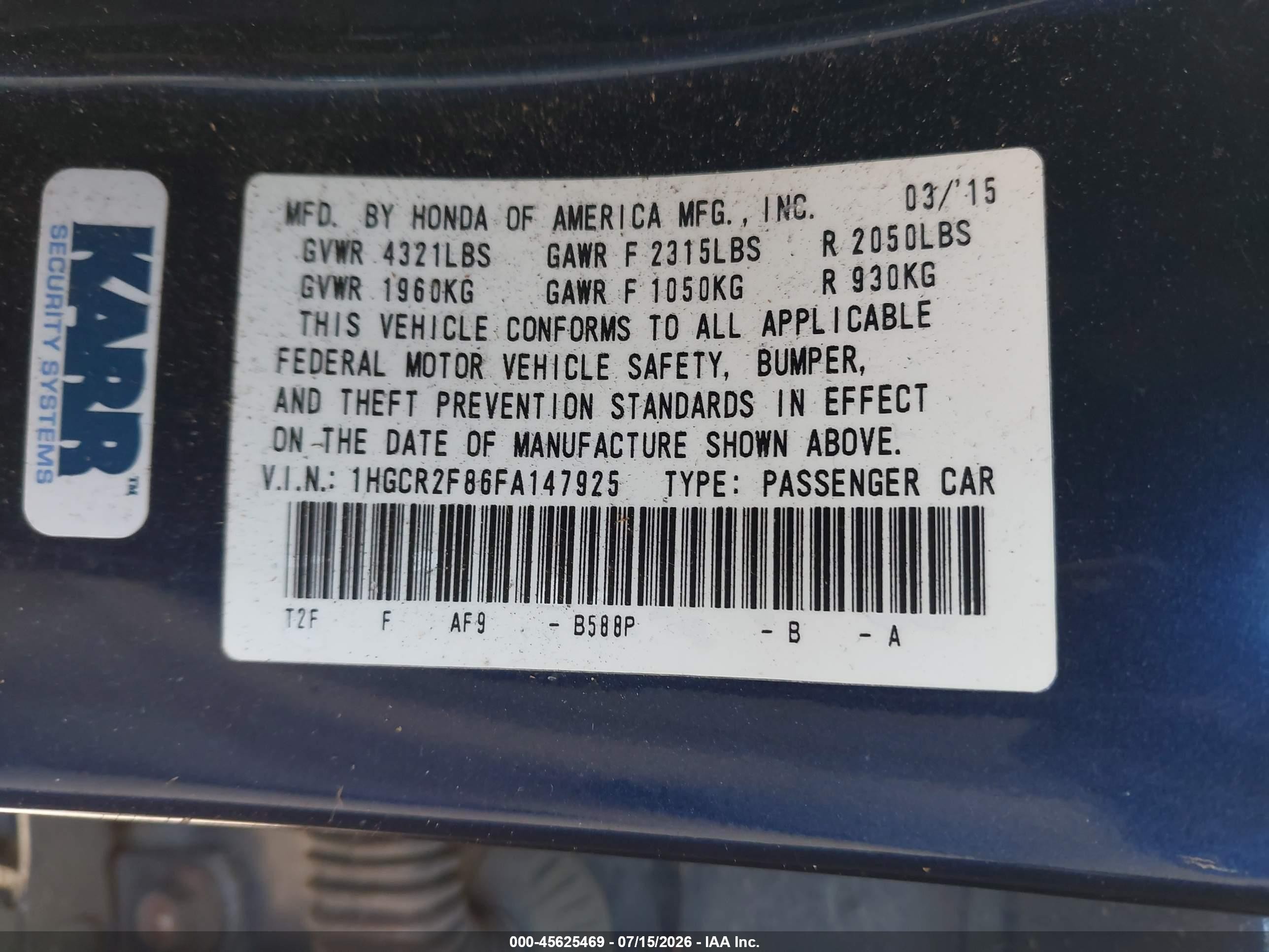 2015 Honda Accord Ex-l Blue vin: 1HGCR2F86FA147925
