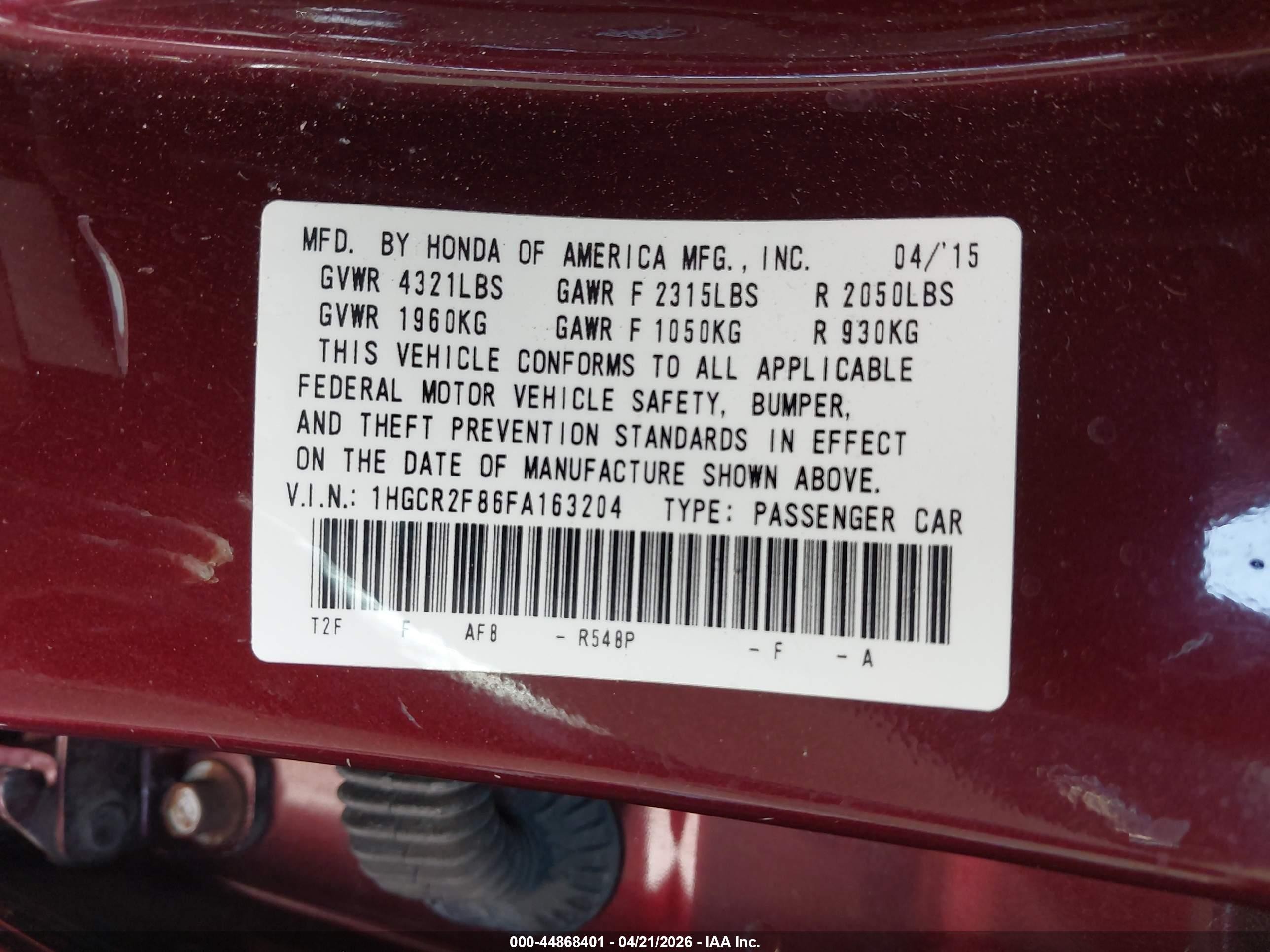 2015 Honda Accord Ex-l Burgundy vin: 1HGCR2F86FA163204