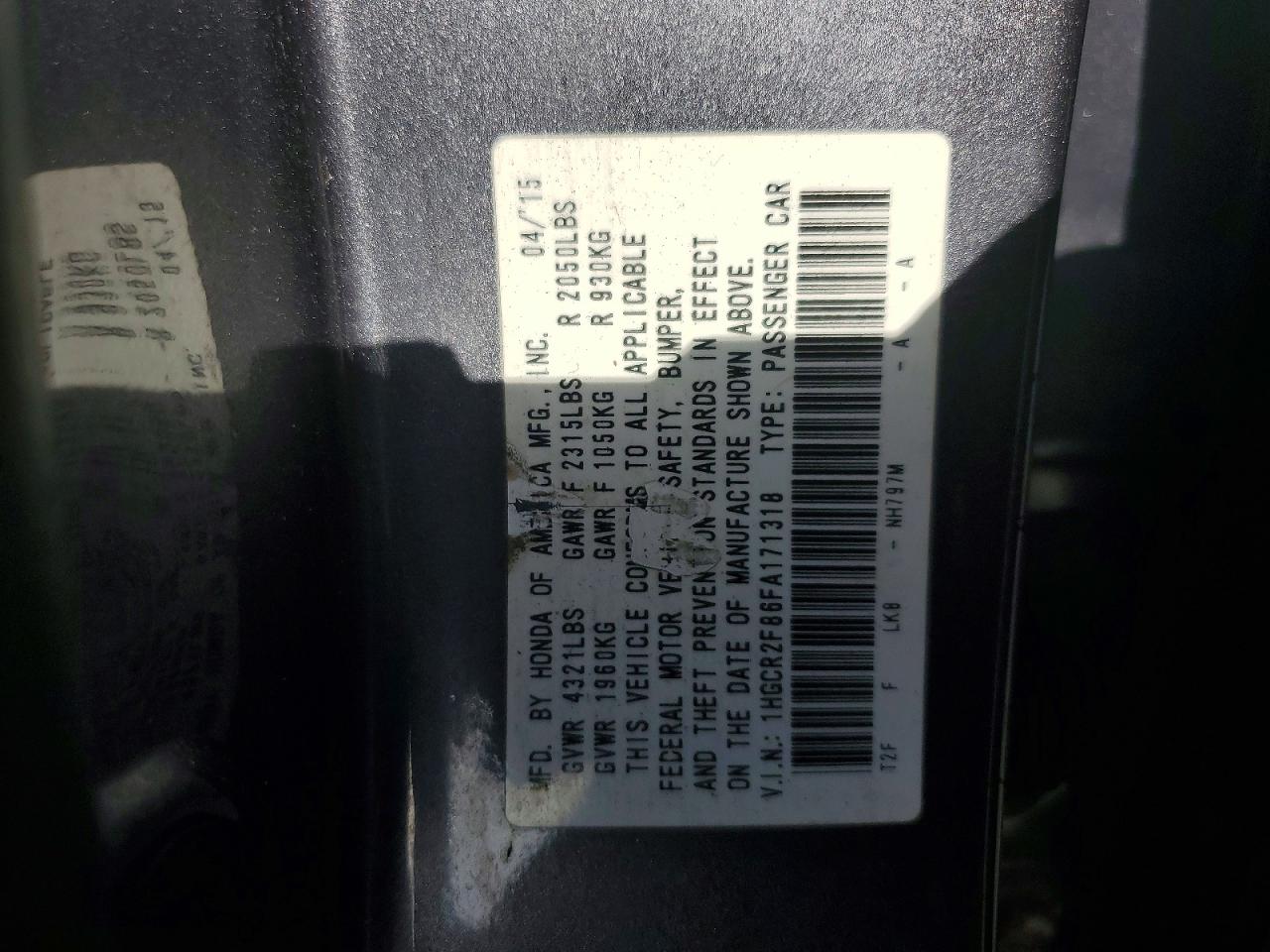 2015 Honda Accord Exl Серый vin: 1HGCR2F86FA171318