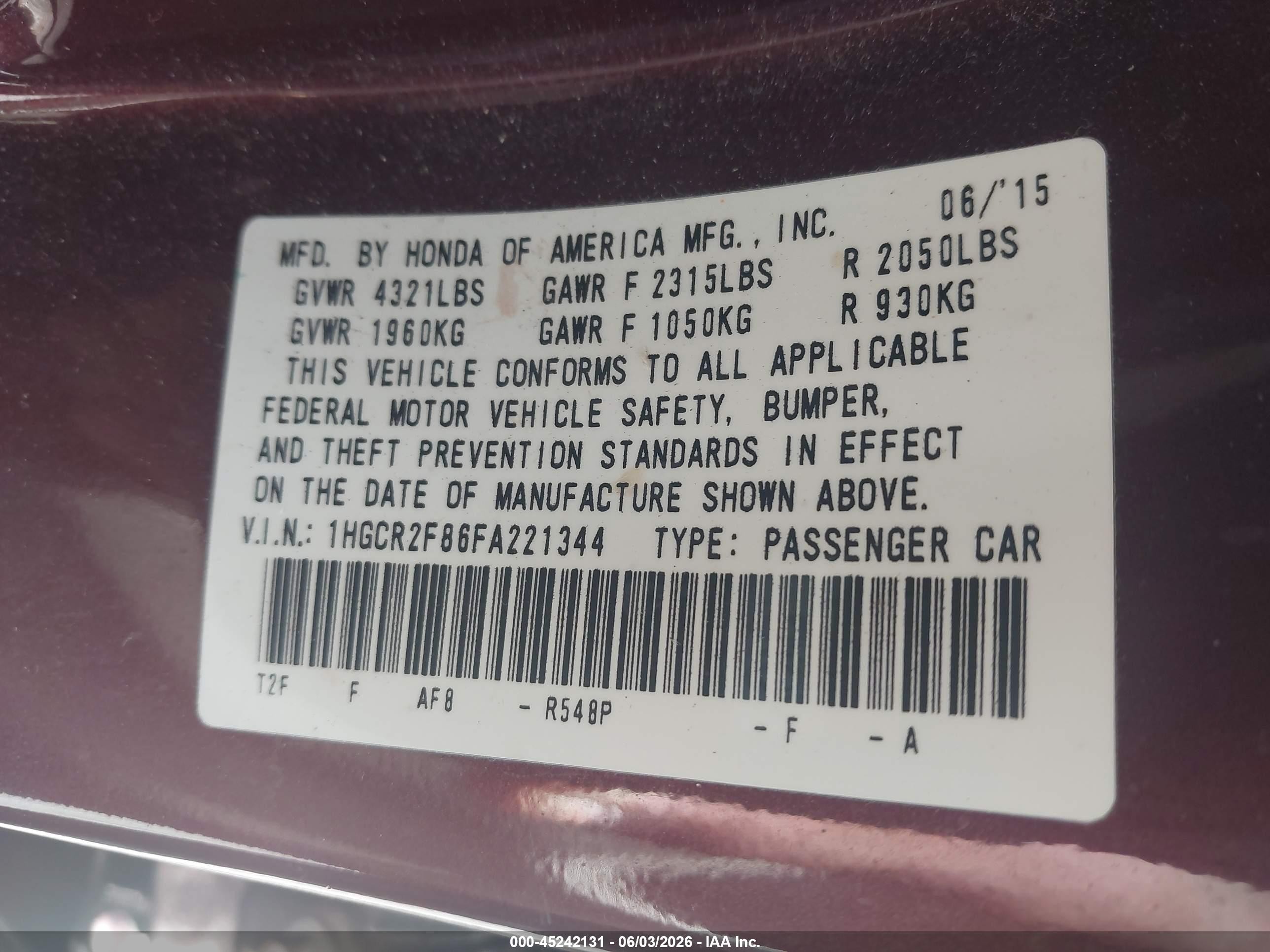 2015 Honda Accord Ex-l Red vin: 1HGCR2F86FA221344