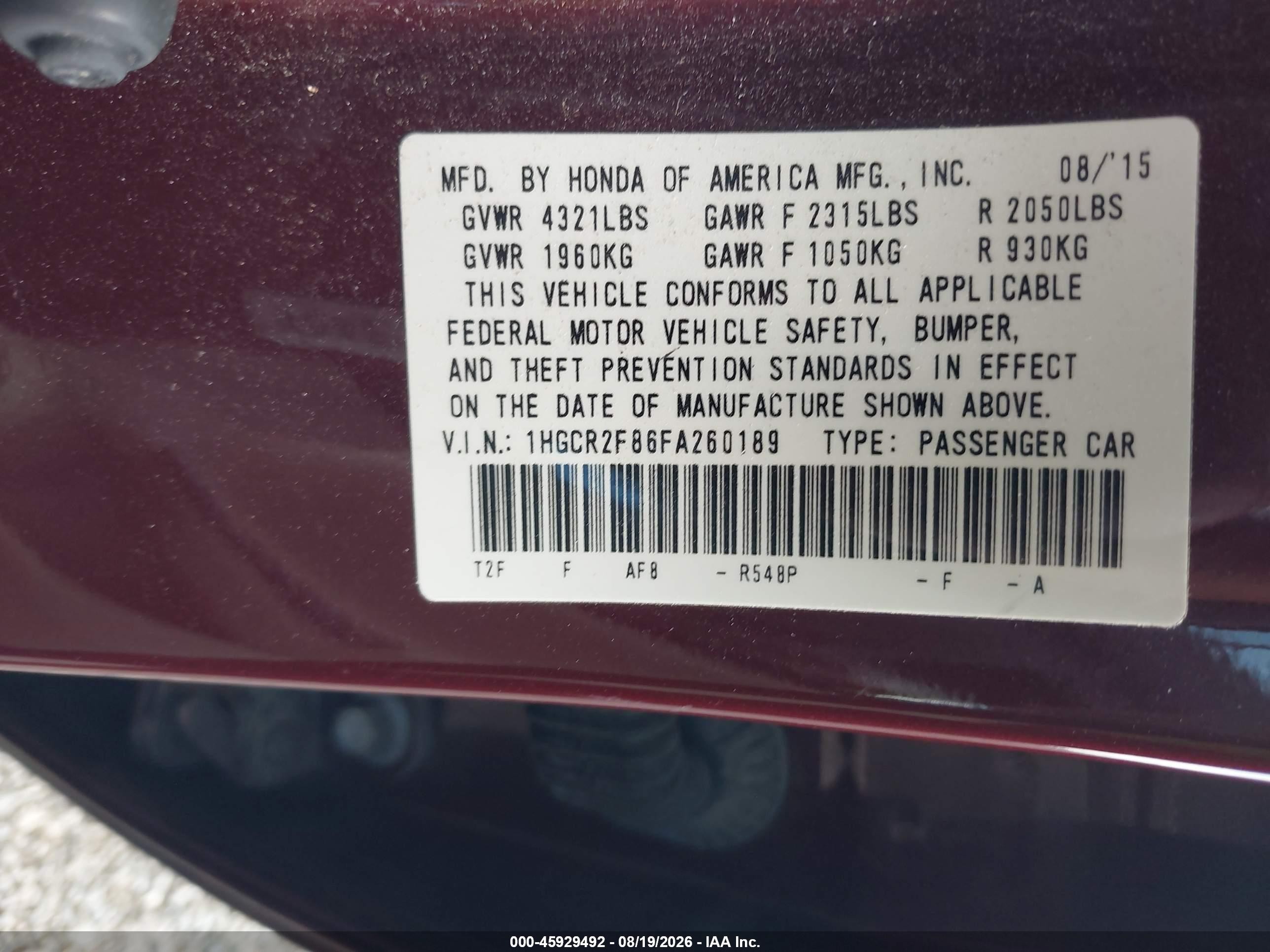 2015 Honda Accord Ex-l Бордовый vin: 1HGCR2F86FA260189